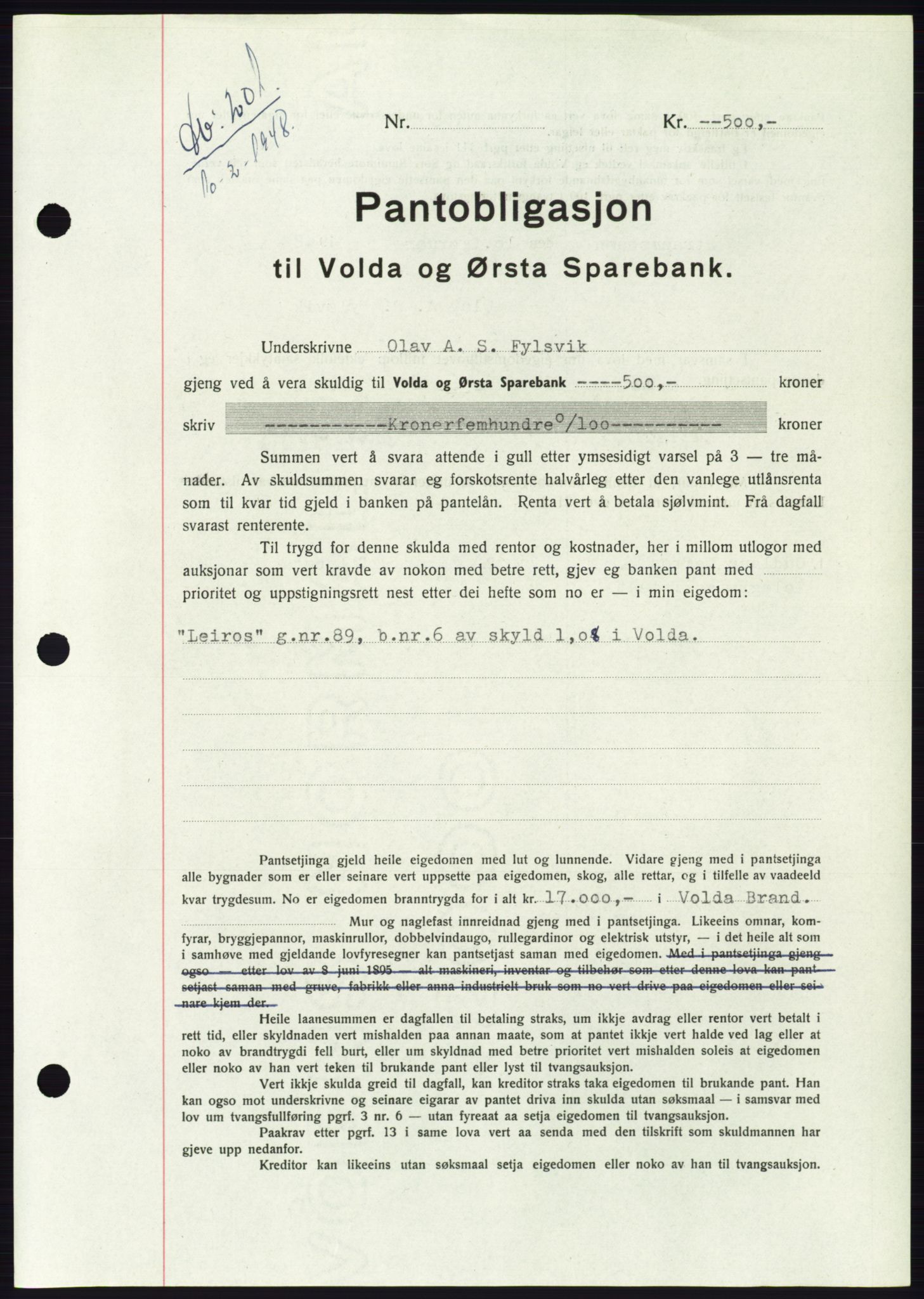 Søre Sunnmøre sorenskriveri, AV/SAT-A-4122/1/2/2C/L0115: Mortgage book no. 3B, 1947-1948, Diary no: : 202/1948