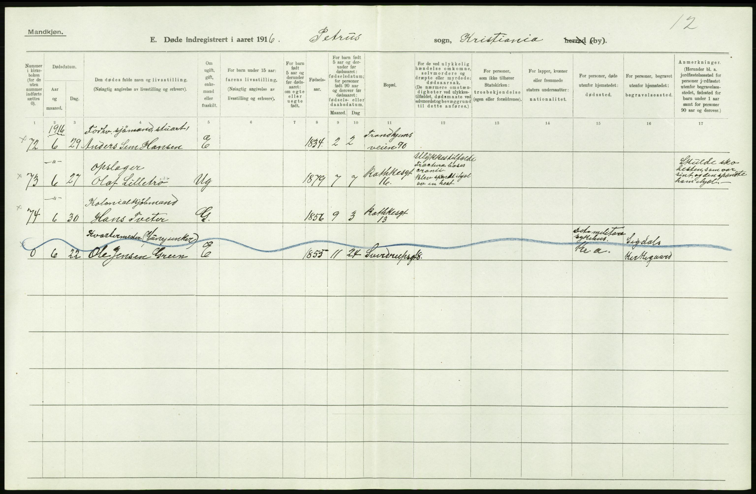 Statistisk sentralbyrå, Sosiodemografiske emner, Befolkning, AV/RA-S-2228/D/Df/Dfb/Dfbf/L0009: Kristiania: Døde., 1916, p. 94