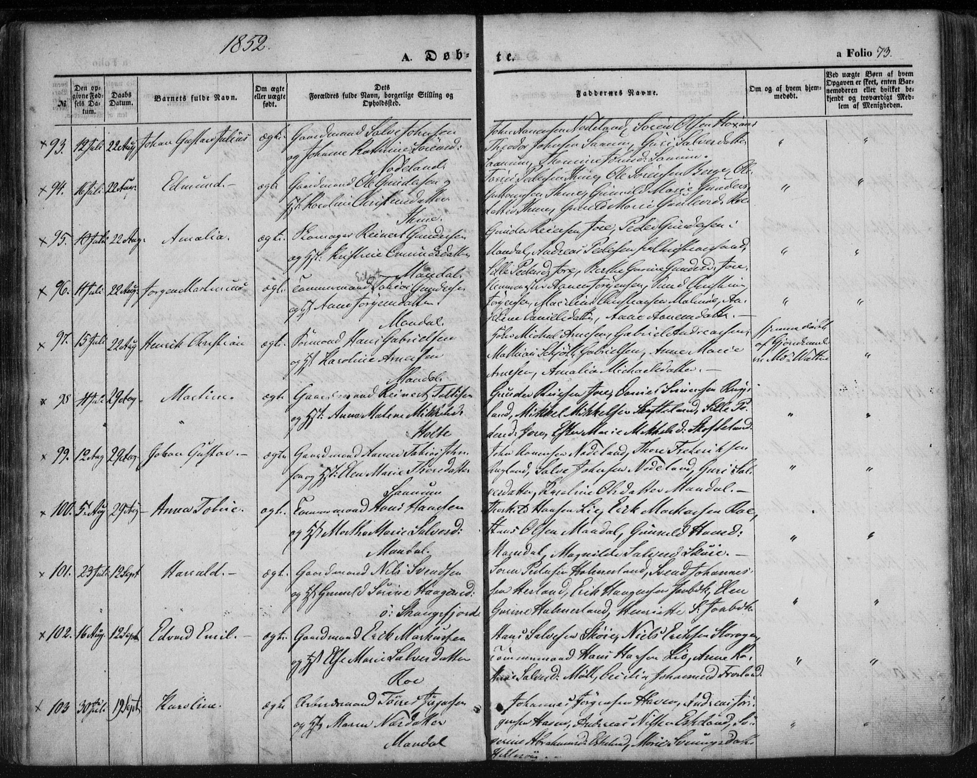 Mandal sokneprestkontor, AV/SAK-1111-0030/F/Fa/Faa/L0013: Parish register (official) no. A 13, 1847-1859, p. 73