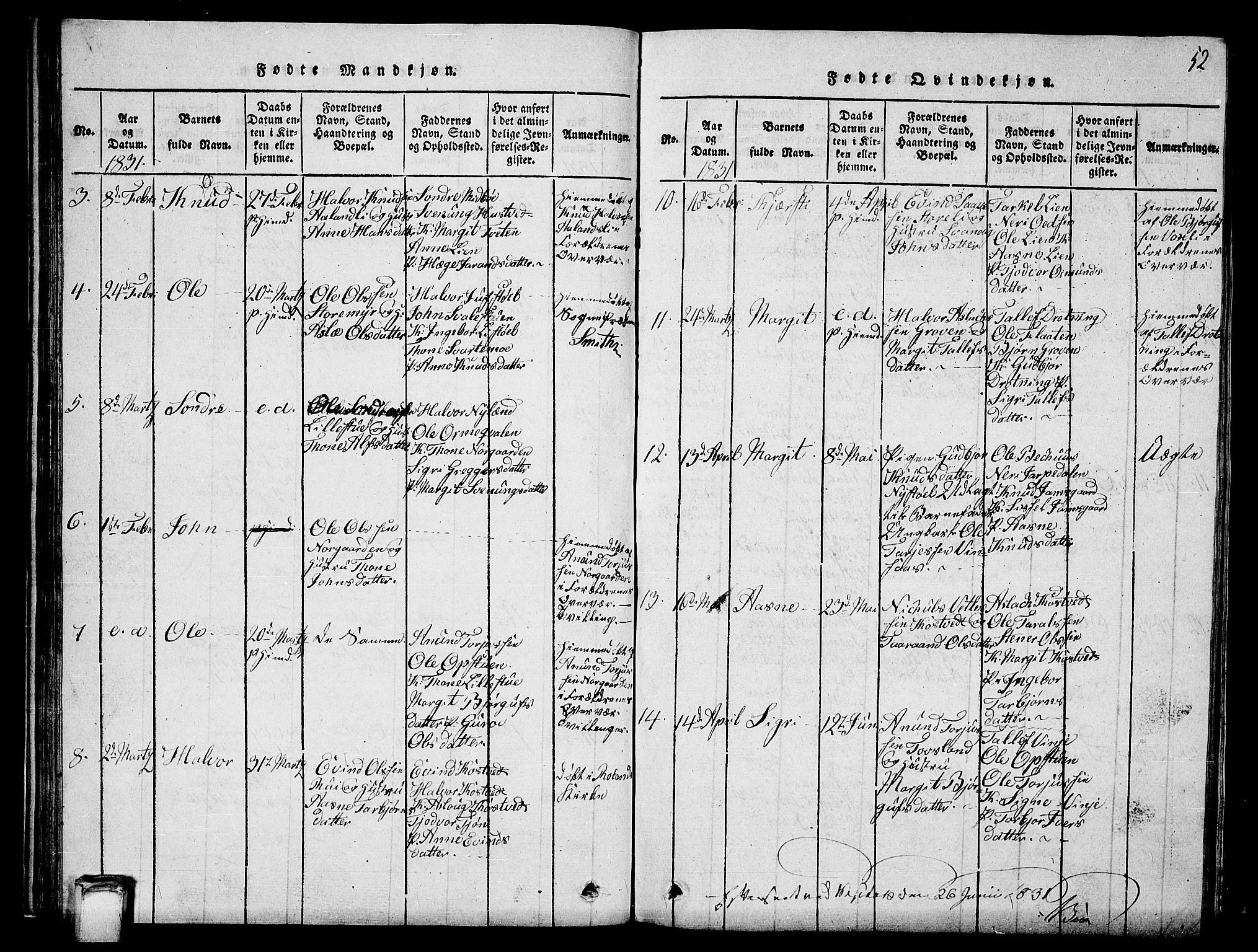 Vinje kirkebøker, SAKO/A-312/G/Ga/L0001: Parish register (copy) no. I 1, 1814-1843, p. 52