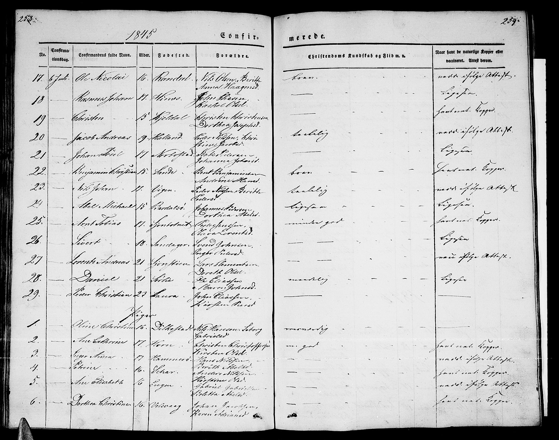 Ministerialprotokoller, klokkerbøker og fødselsregistre - Nordland, AV/SAT-A-1459/838/L0555: Parish register (copy) no. 838C02, 1842-1861, p. 258-259