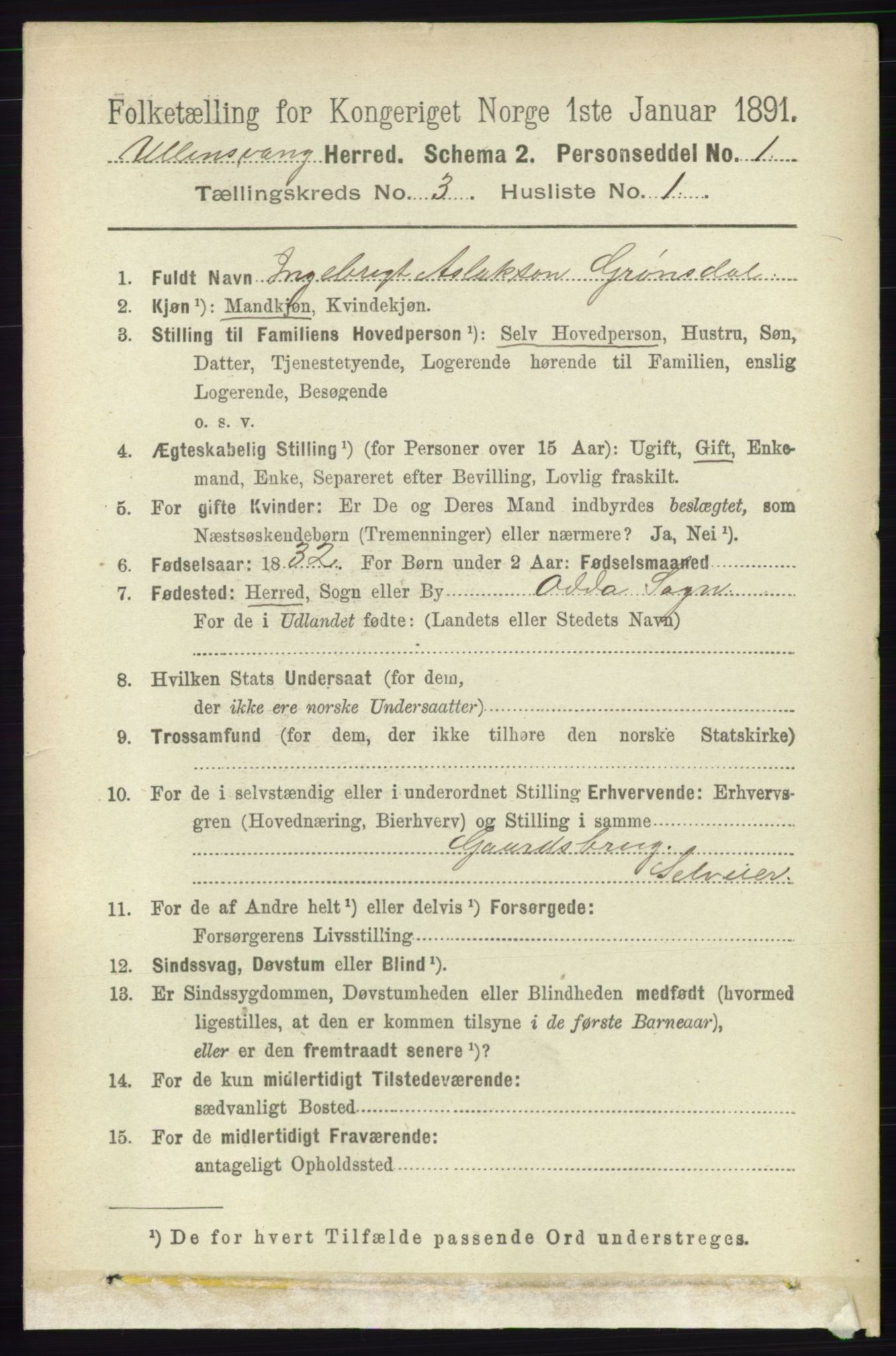 RA, 1891 census for 1230 Ullensvang, 1891, p. 585