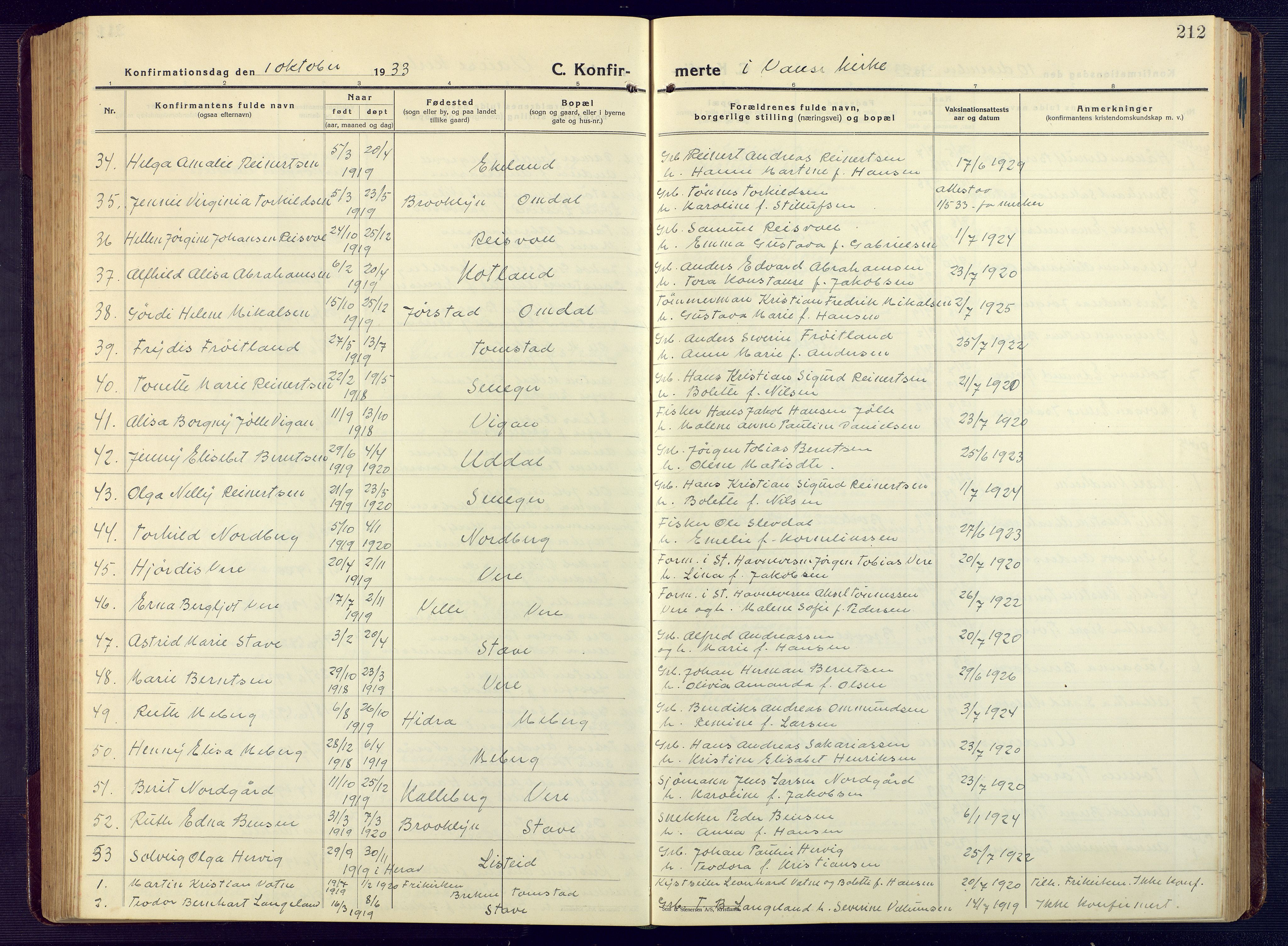 Lista sokneprestkontor, AV/SAK-1111-0027/F/Fb/L0006: Parish register (copy) no. B 6, 1924-1947, p. 212