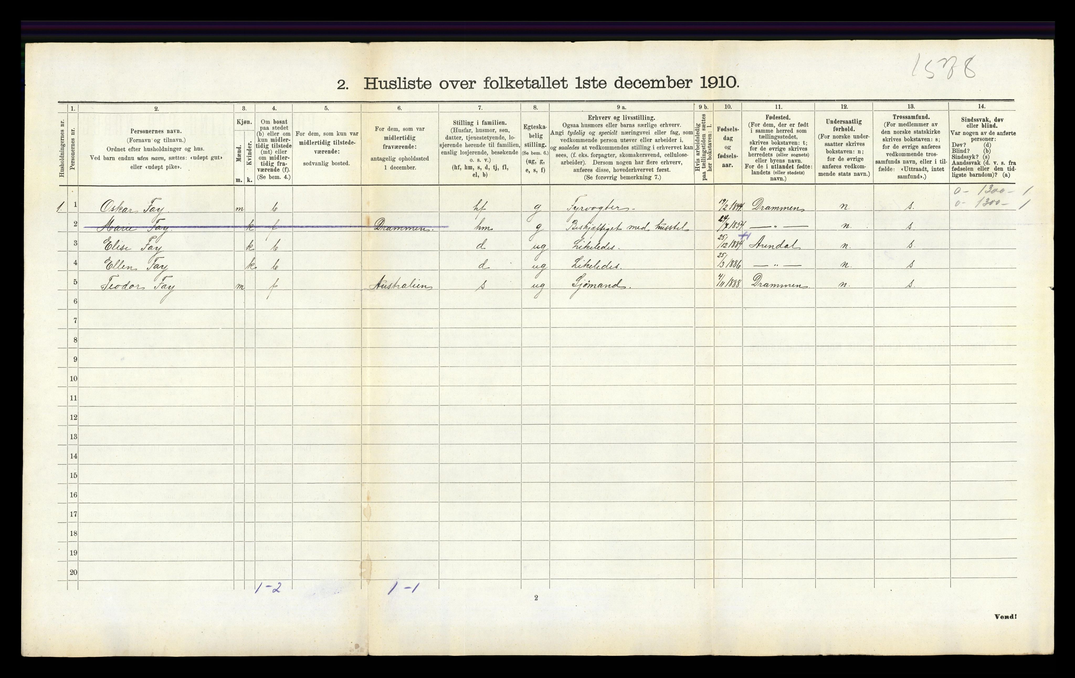 RA, 1910 census for Vestre Moland, 1910, p. 657