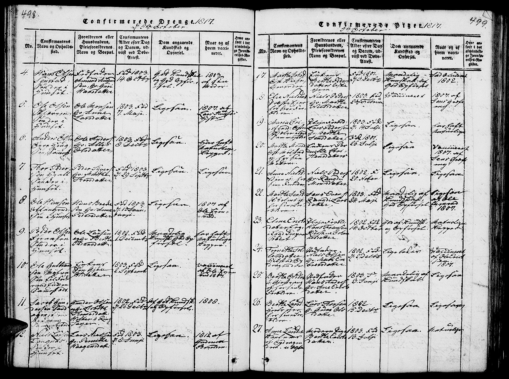 Nes prestekontor, Hedmark, AV/SAH-PREST-020/L/La/L0003: Parish register (copy) no. 3, 1814-1831, p. 498-499