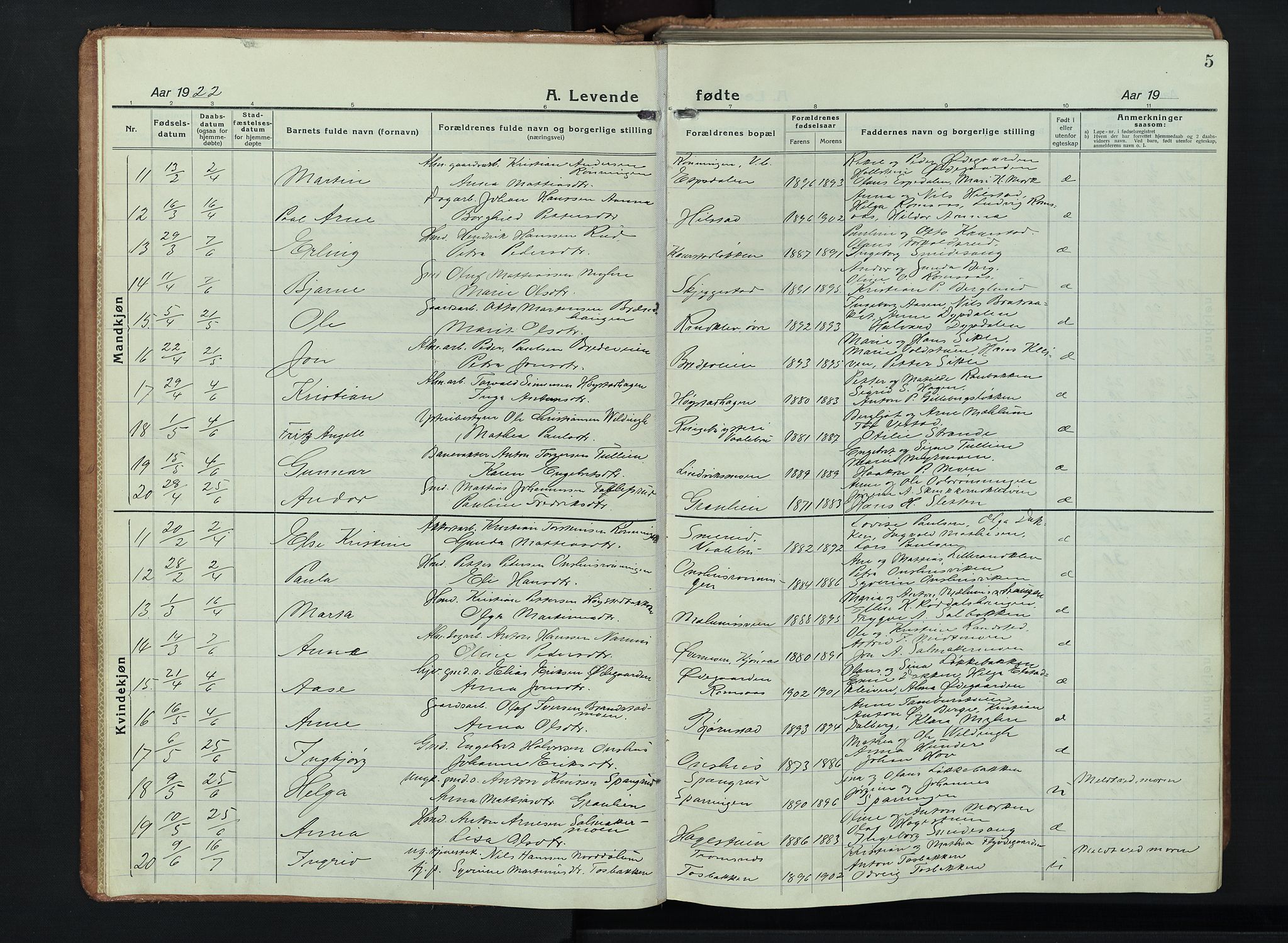 Ringebu prestekontor, AV/SAH-PREST-082/H/Ha/Hab/L0011: Parish register (copy) no. 11, 1921-1943, p. 5