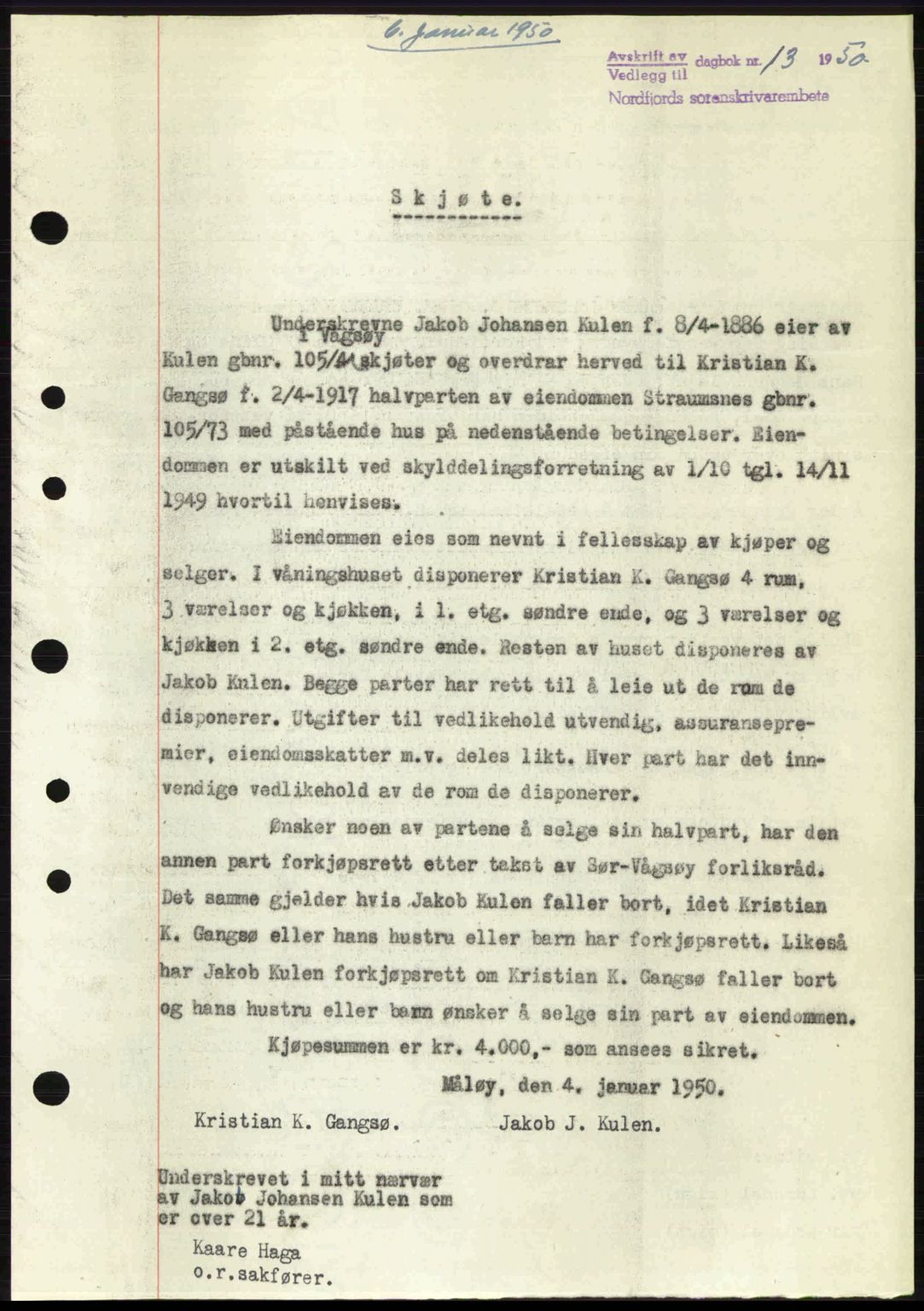 Nordfjord sorenskriveri, SAB/A-2801/02/02b/02bj/L0016a: Mortgage book no. A16 I, 1949-1950, Diary no: : 13/1950