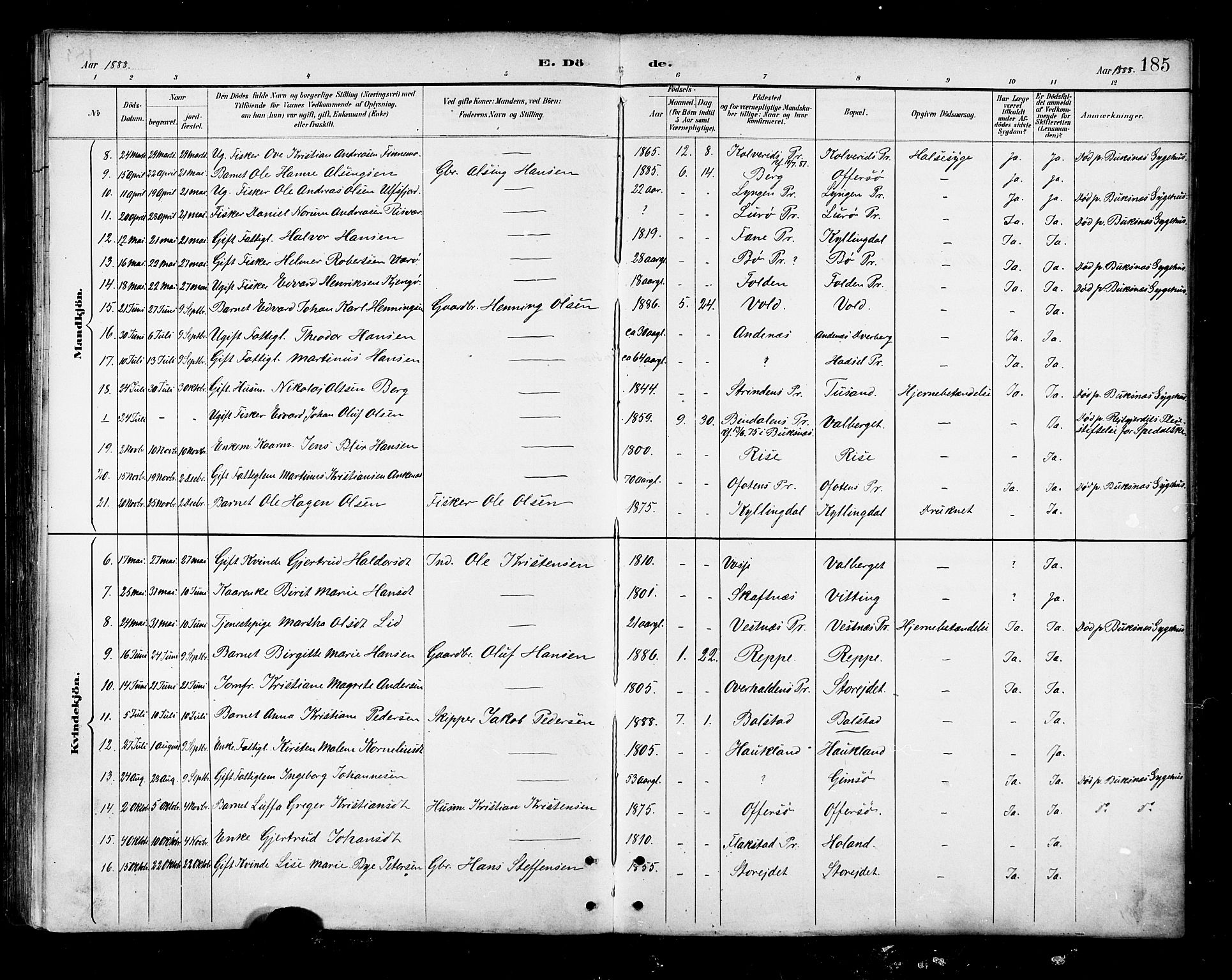 Ministerialprotokoller, klokkerbøker og fødselsregistre - Nordland, AV/SAT-A-1459/881/L1167: Parish register (copy) no. 881C04, 1886-1899, p. 185