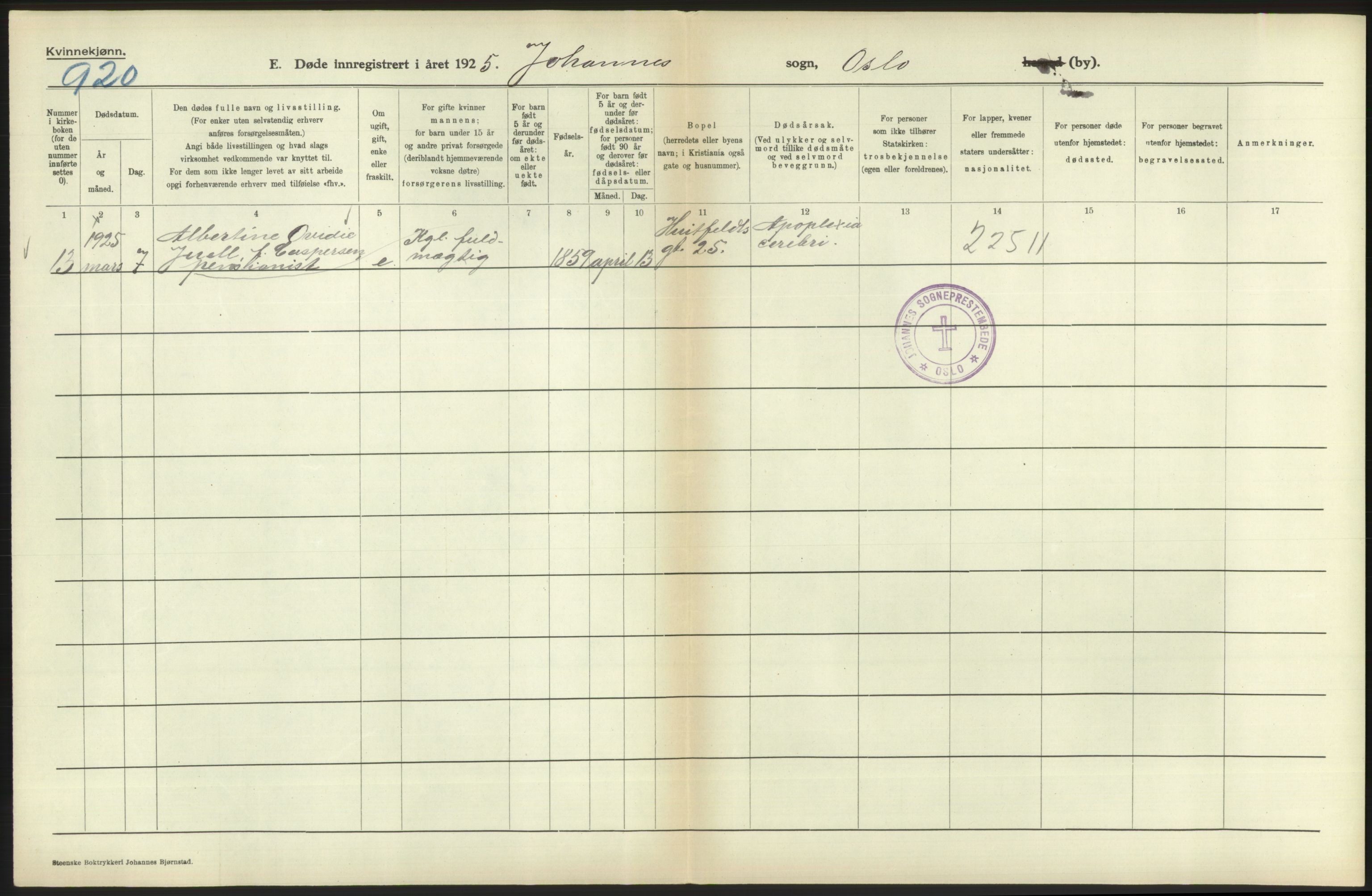 Statistisk sentralbyrå, Sosiodemografiske emner, Befolkning, AV/RA-S-2228/D/Df/Dfc/Dfce/L0010: Oslo: Døde kvinner, dødfødte, 1925, p. 186