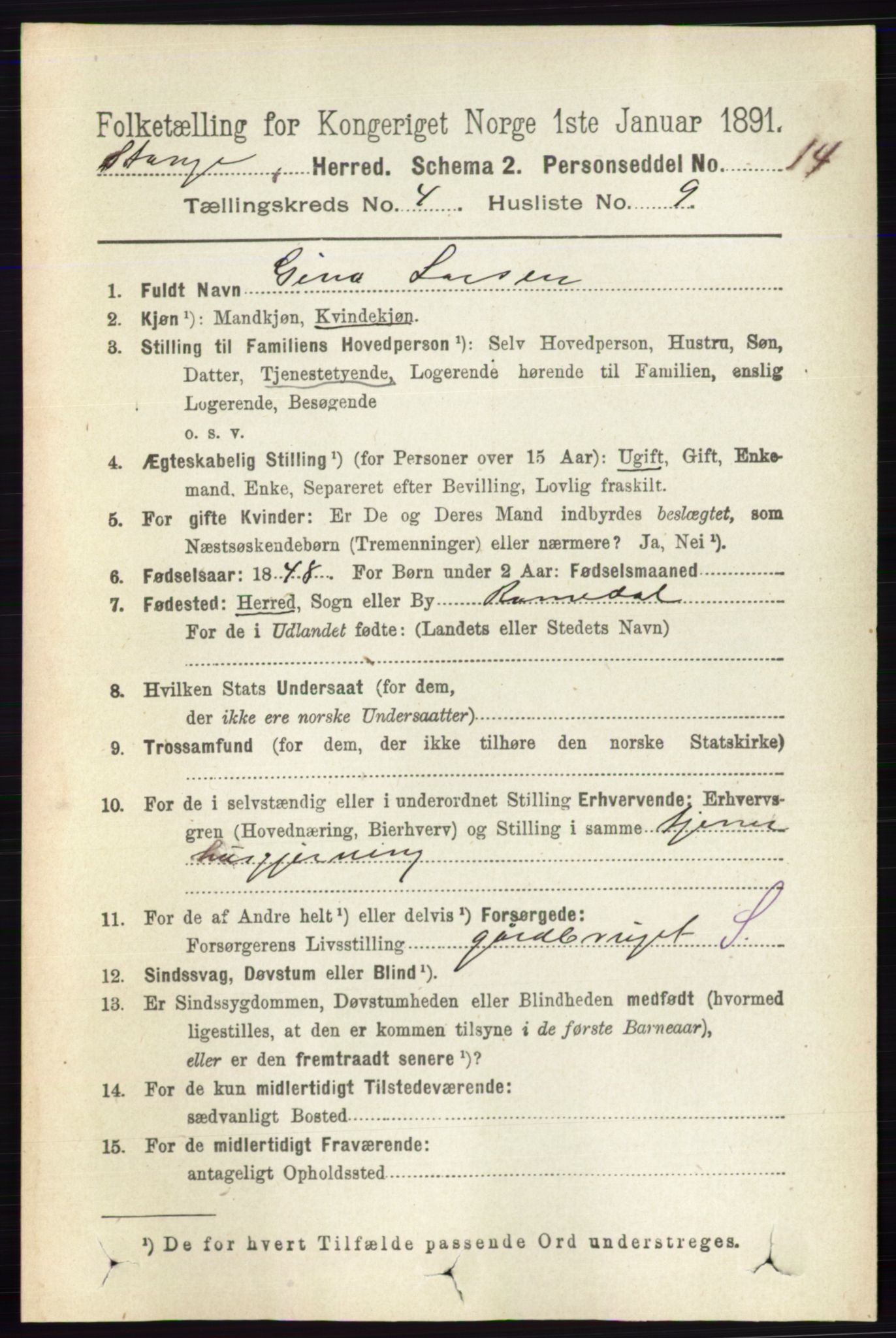 RA, 1891 census for 0417 Stange, 1891, p. 2418