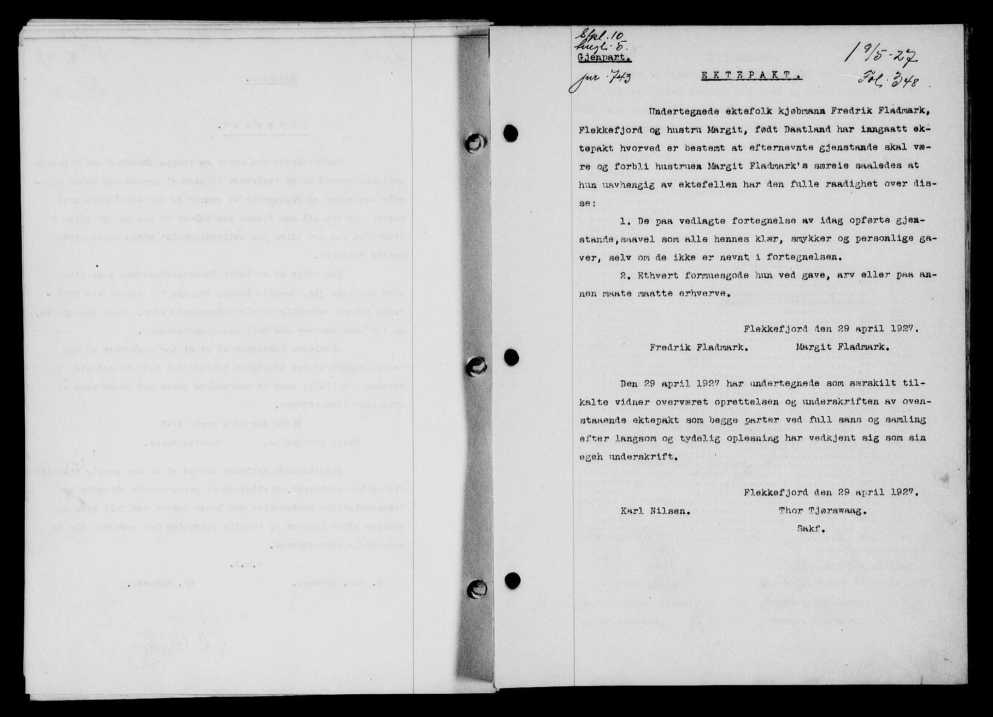 Flekkefjord sorenskriveri, AV/SAK-1221-0001/G/Gb/Gba/L0043: Mortgage book no. 41, 1926-1927, Deed date: 09.05.1927