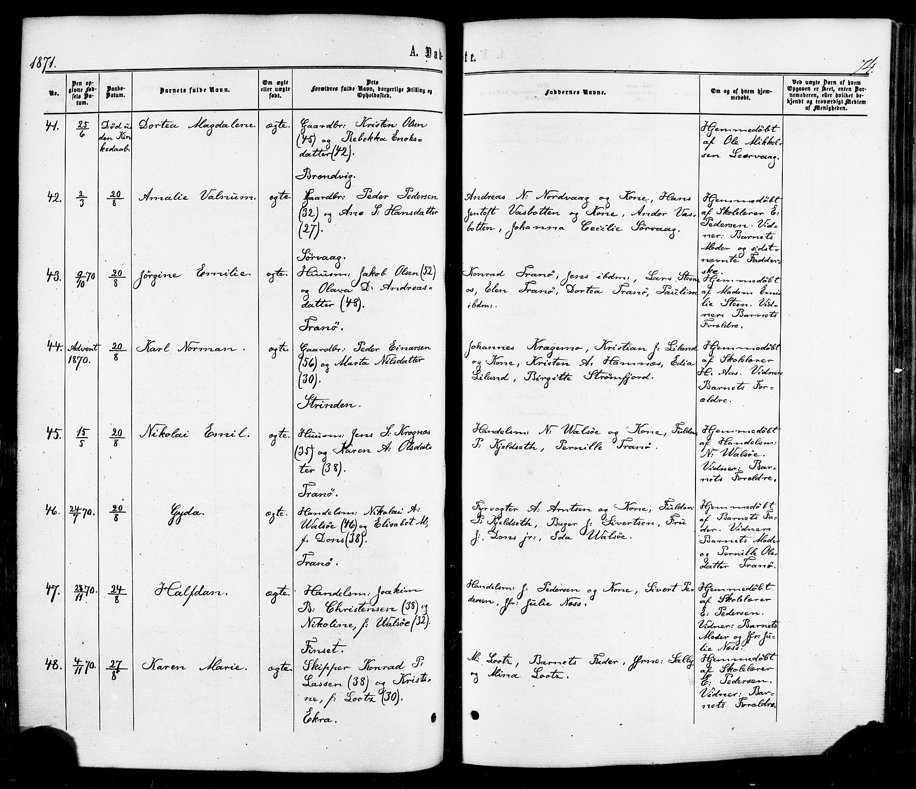 Ministerialprotokoller, klokkerbøker og fødselsregistre - Nordland, SAT/A-1459/859/L0845: Parish register (official) no. 859A05, 1863-1877, p. 74