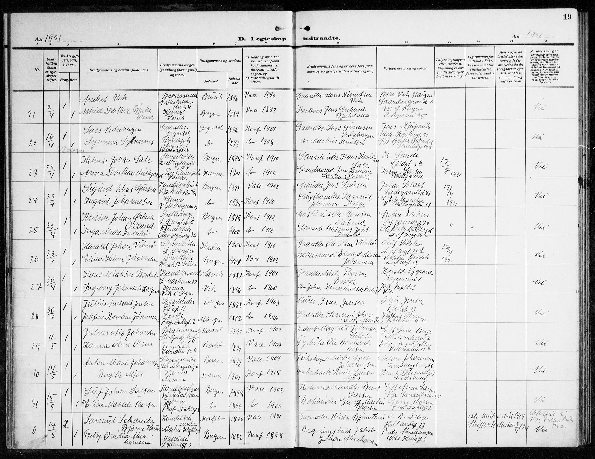 Korskirken sokneprestembete, AV/SAB-A-76101/H/Haa/L0039: Parish register (official) no. D 6, 1919-1938, p. 19