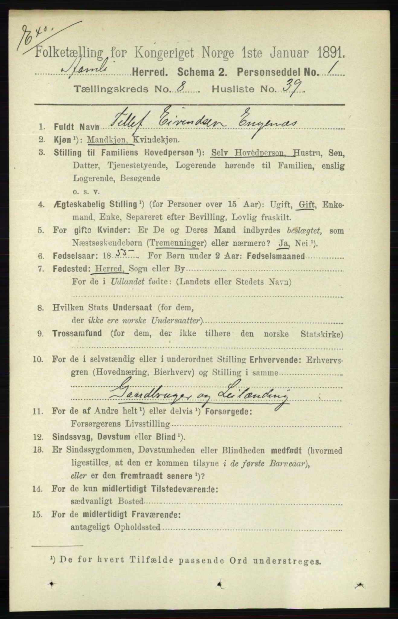 RA, Census 1891 for Nedenes amt: Gjenparter av personsedler for beslektede ektefeller, menn, 1891, p. 366