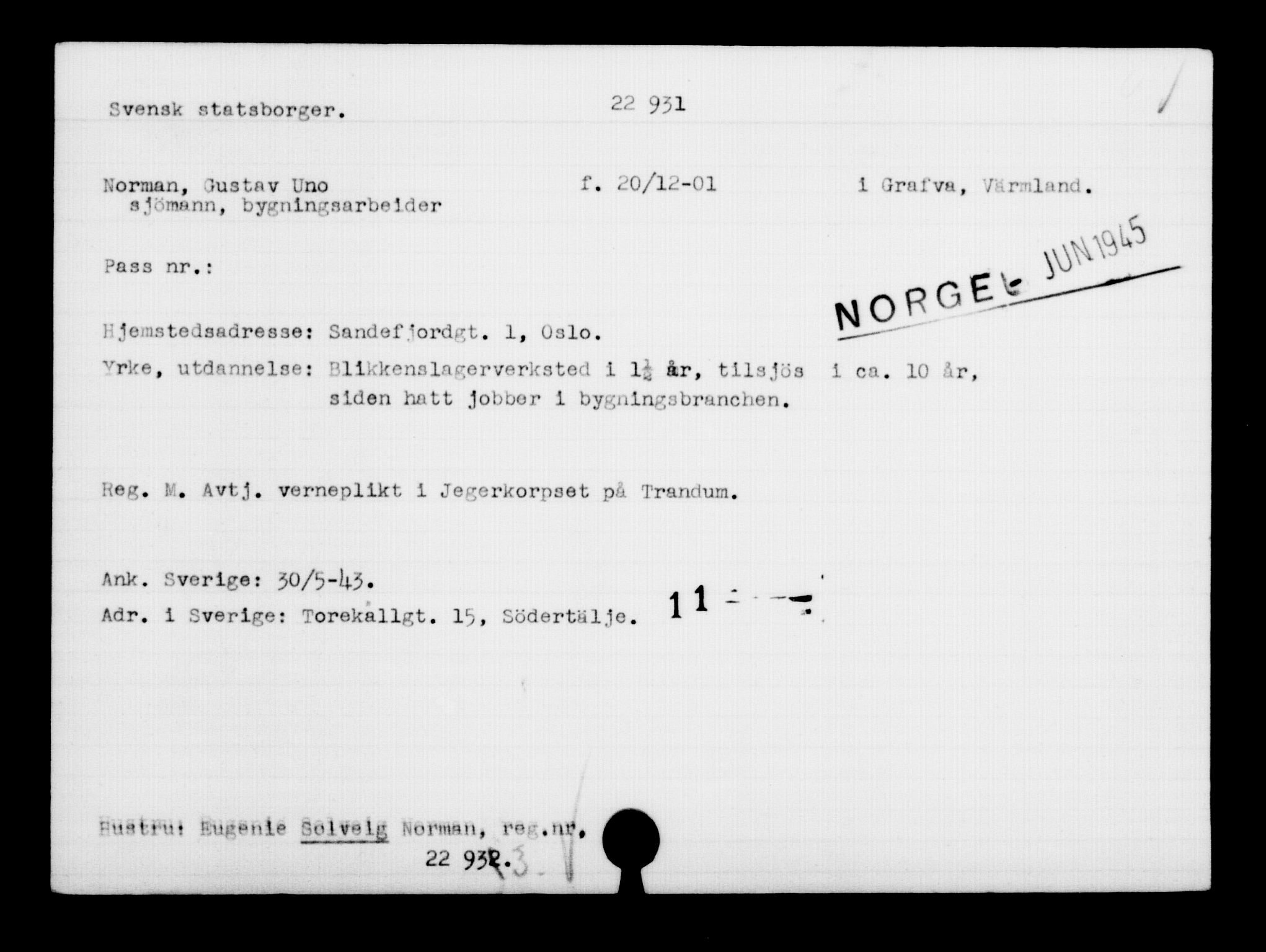 Den Kgl. Norske Legasjons Flyktningskontor, RA/S-6753/V/Va/L0010: Kjesäterkartoteket.  Flyktningenr. 22000-25314, 1940-1945, p. 1009