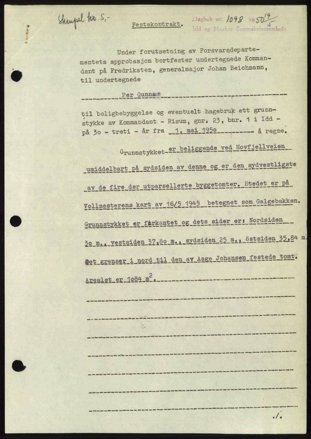 Idd og Marker sorenskriveri, AV/SAO-A-10283/G/Gb/Gbb/L0014: Mortgage book no. A14, 1950-1950, Diary no: : 1098/1950