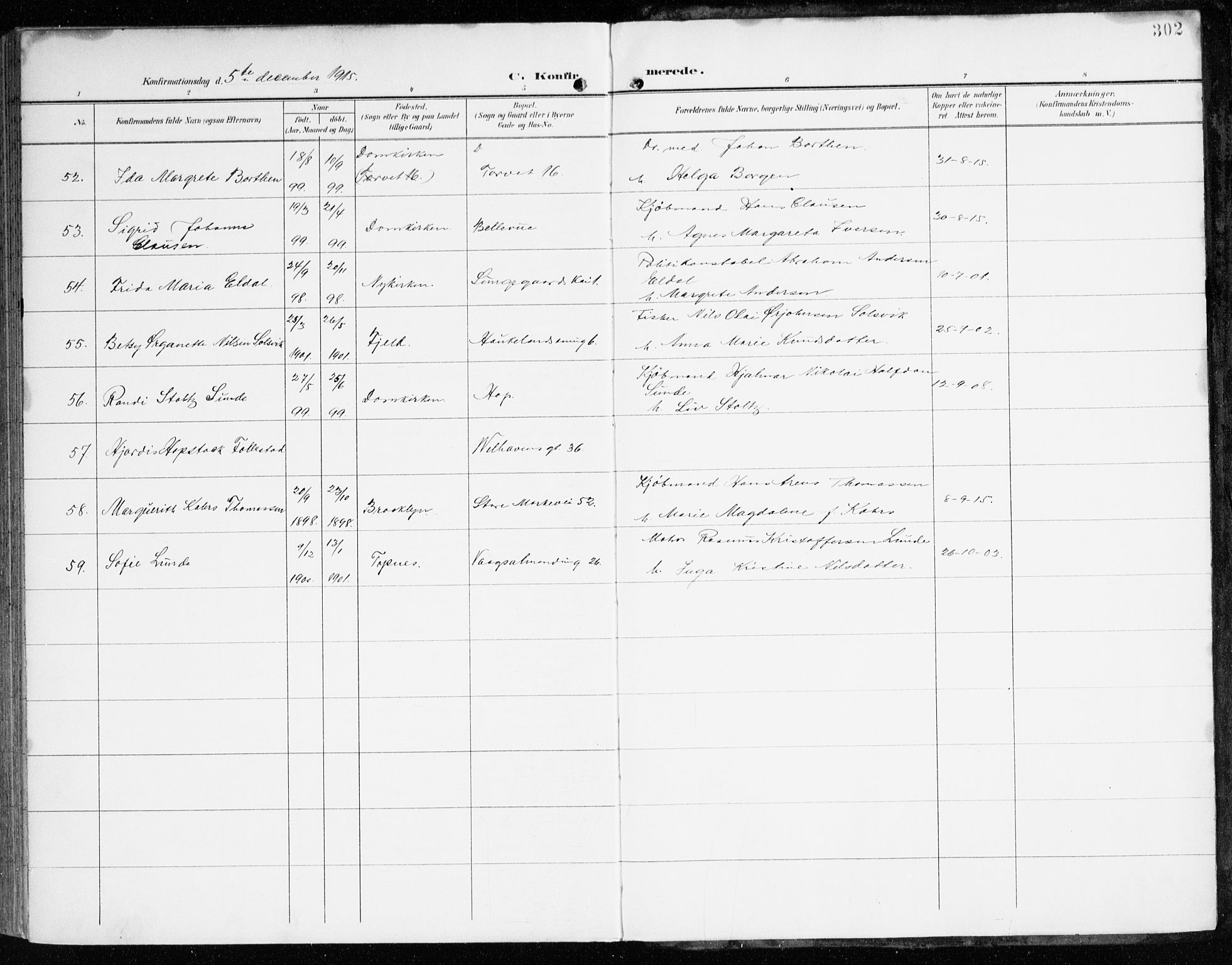 Domkirken sokneprestembete, AV/SAB-A-74801/H/Haa/L0031: Parish register (official) no. C 6, 1898-1915, p. 302