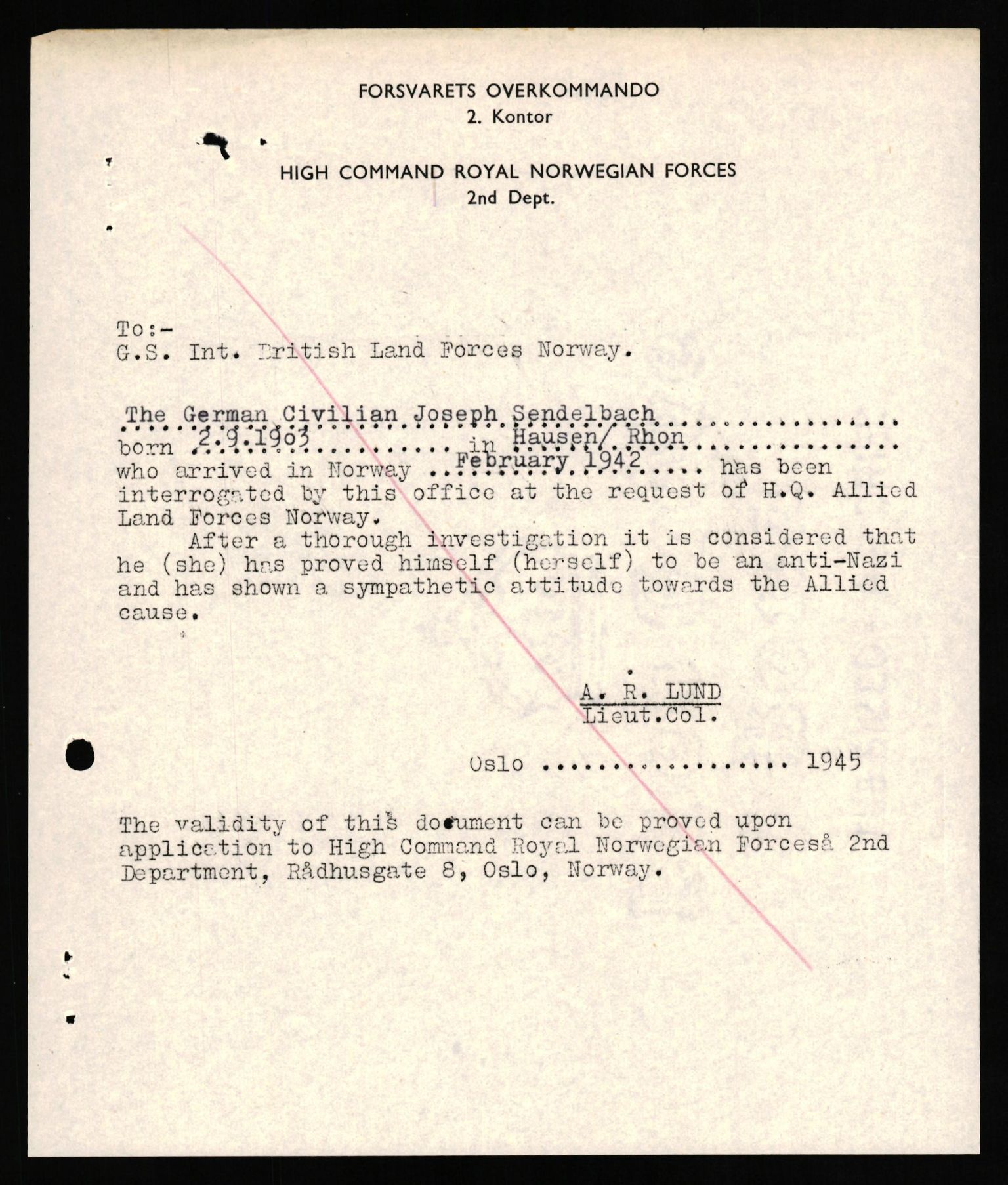 Forsvaret, Forsvarets overkommando II, AV/RA-RAFA-3915/D/Db/L0032: CI Questionaires. Tyske okkupasjonsstyrker i Norge. Tyskere., 1945-1946, p. 19