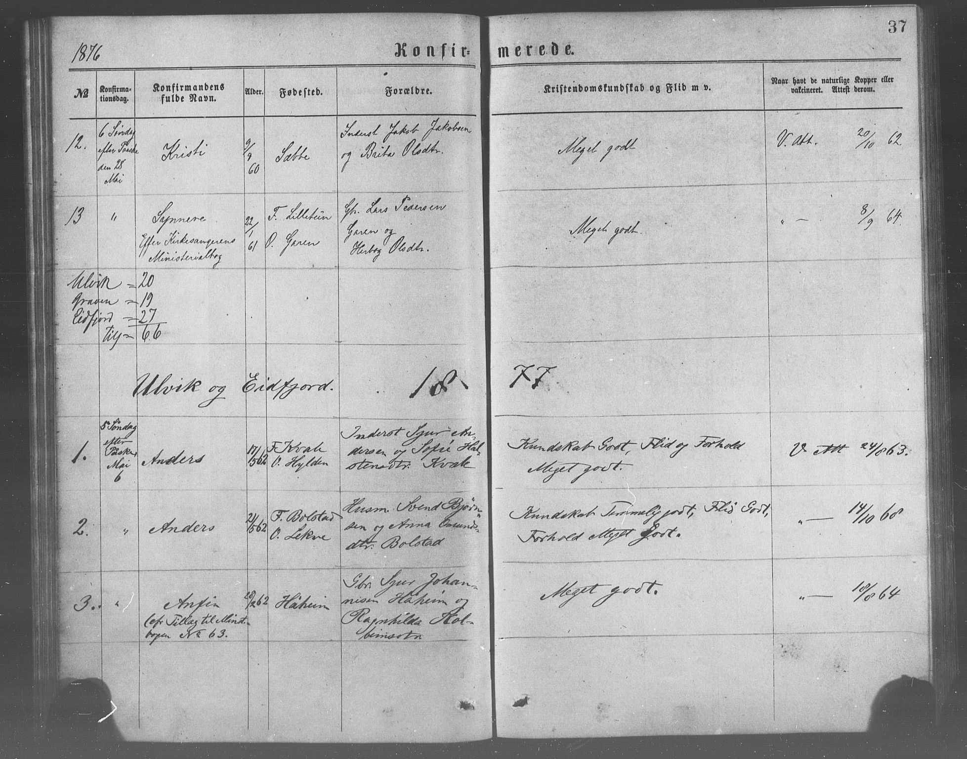 Ulvik sokneprestembete, AV/SAB-A-78801/H/Haa: Parish register (official) no. A 17, 1873-1891, p. 37