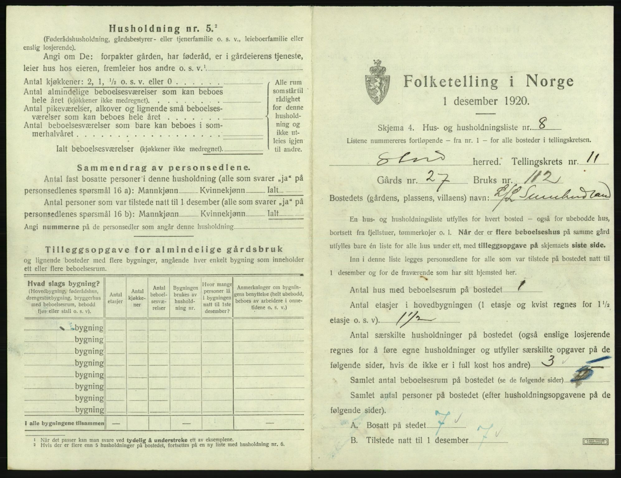 SAB, 1920 census for Stord, 1920, p. 775