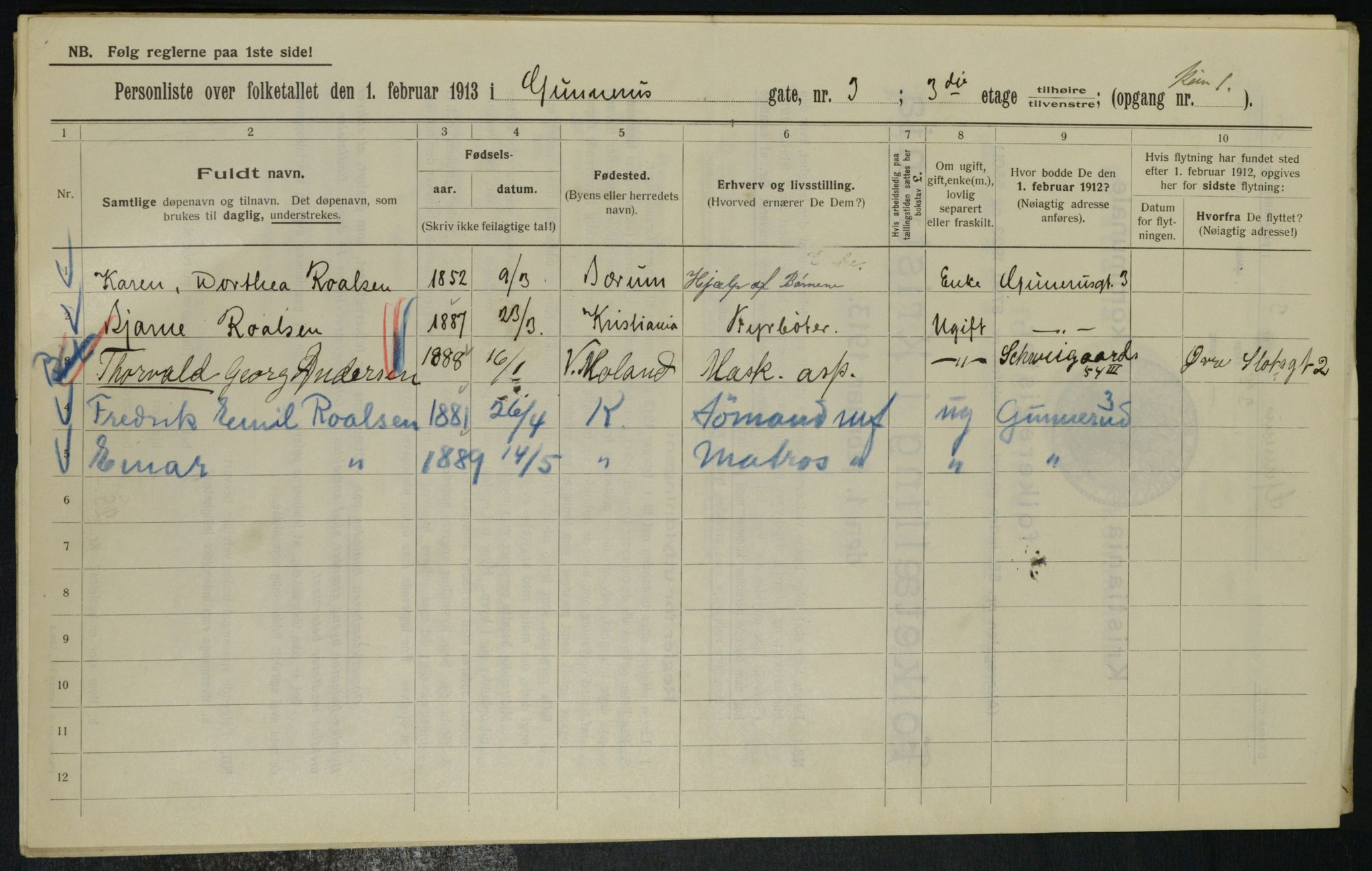 OBA, Municipal Census 1913 for Kristiania, 1913, p. 5056