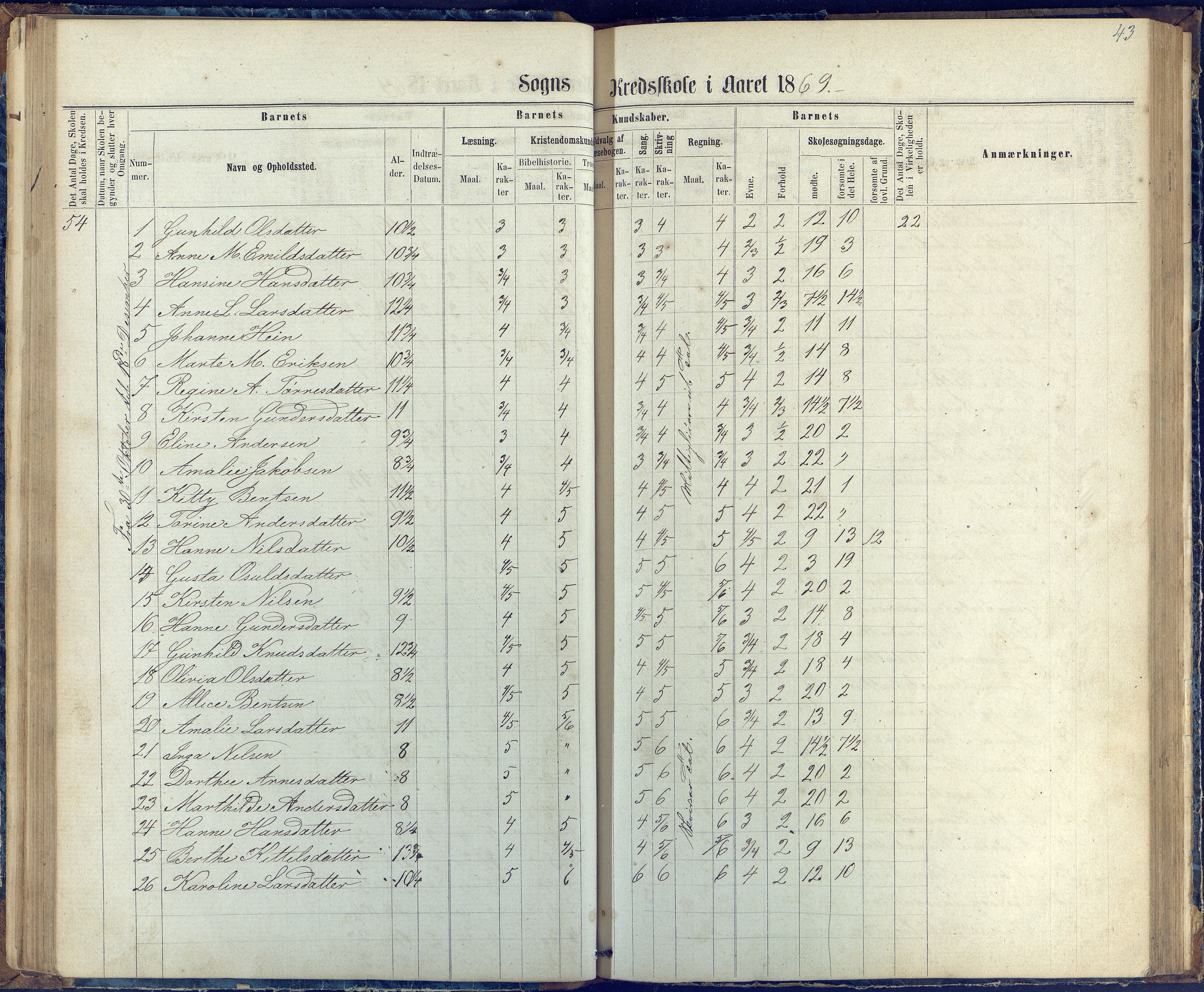 Øyestad kommune frem til 1979, AAKS/KA0920-PK/06/06G/L0002: Skoleprotokoll, 1863-1875, p. 43