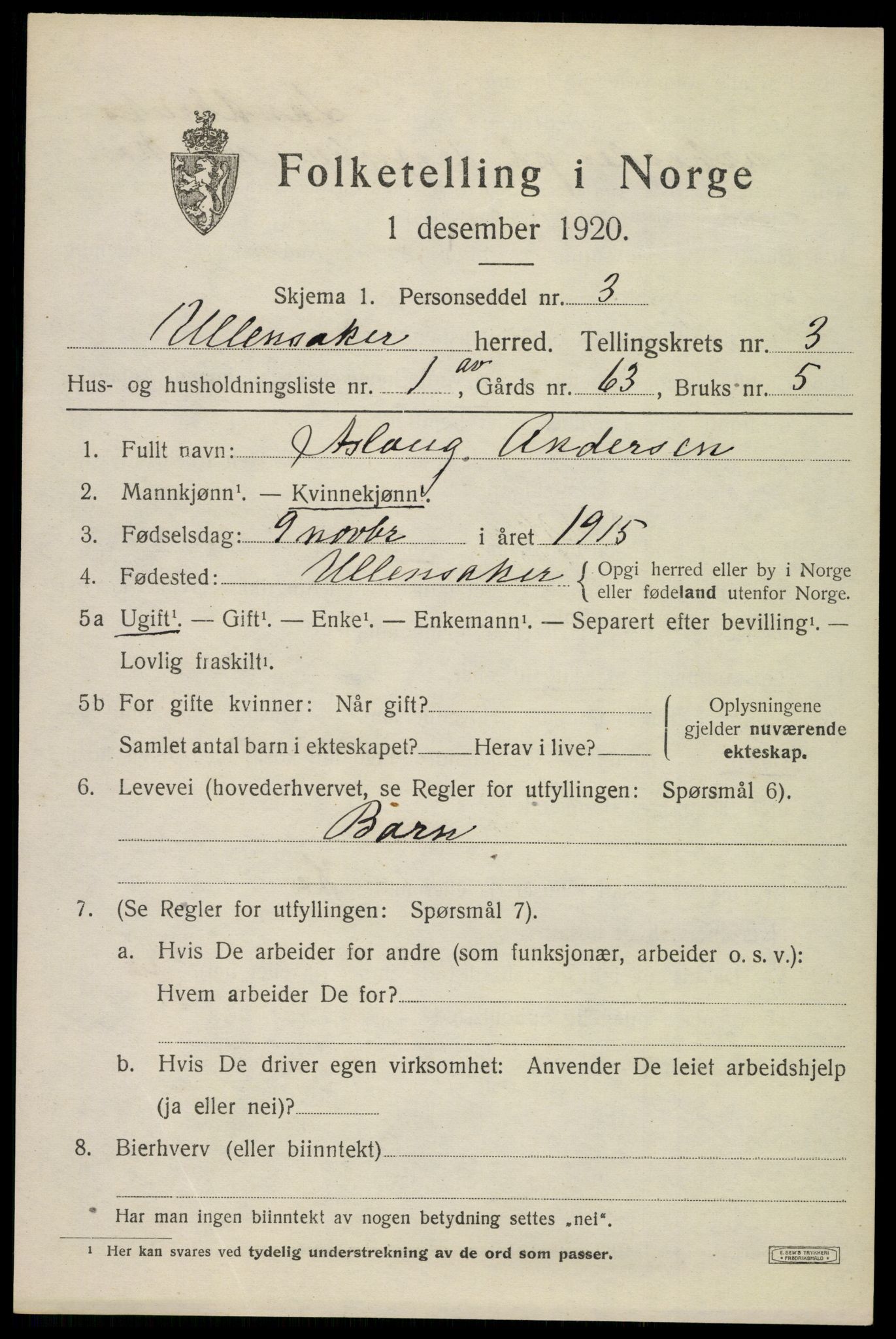 SAO, 1920 census for Ullensaker, 1920, p. 6167