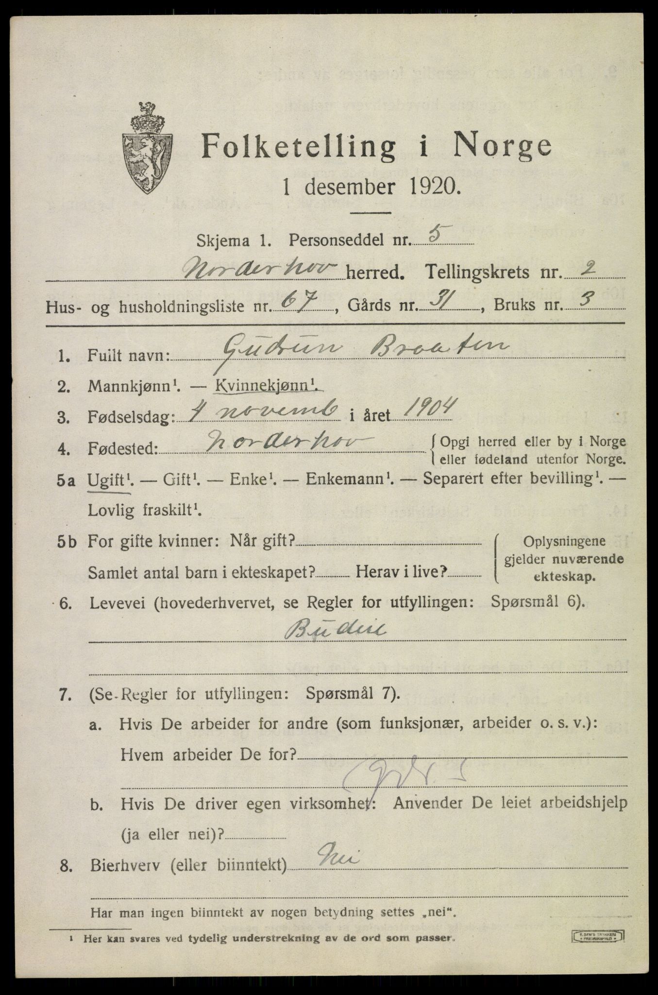 SAKO, 1920 census for Norderhov, 1920, p. 5278