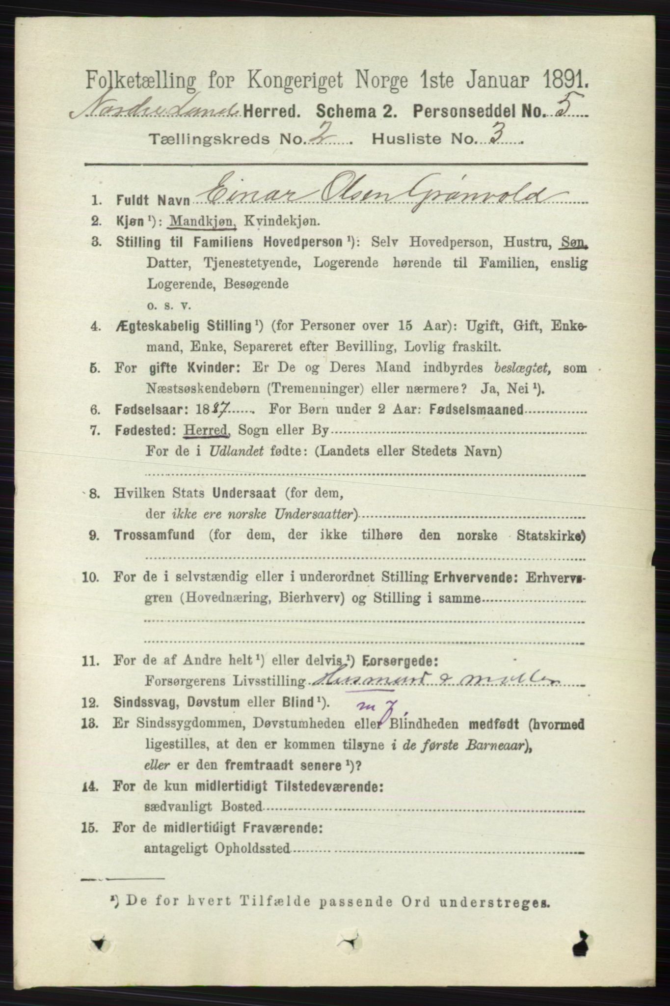 RA, 1891 census for 0538 Nordre Land, 1891, p. 591