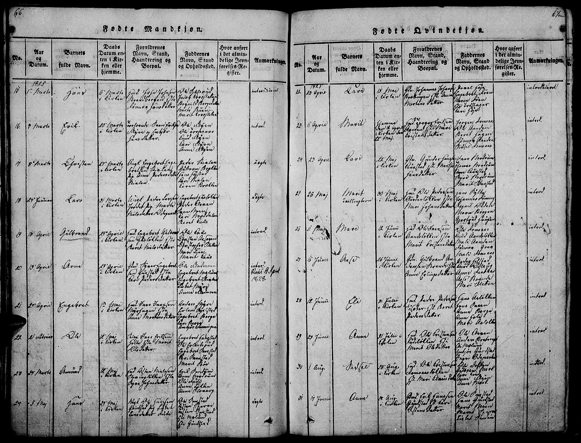 Ringebu prestekontor, AV/SAH-PREST-082/H/Ha/Haa/L0004: Parish register (official) no. 4, 1821-1839, p. 66-67