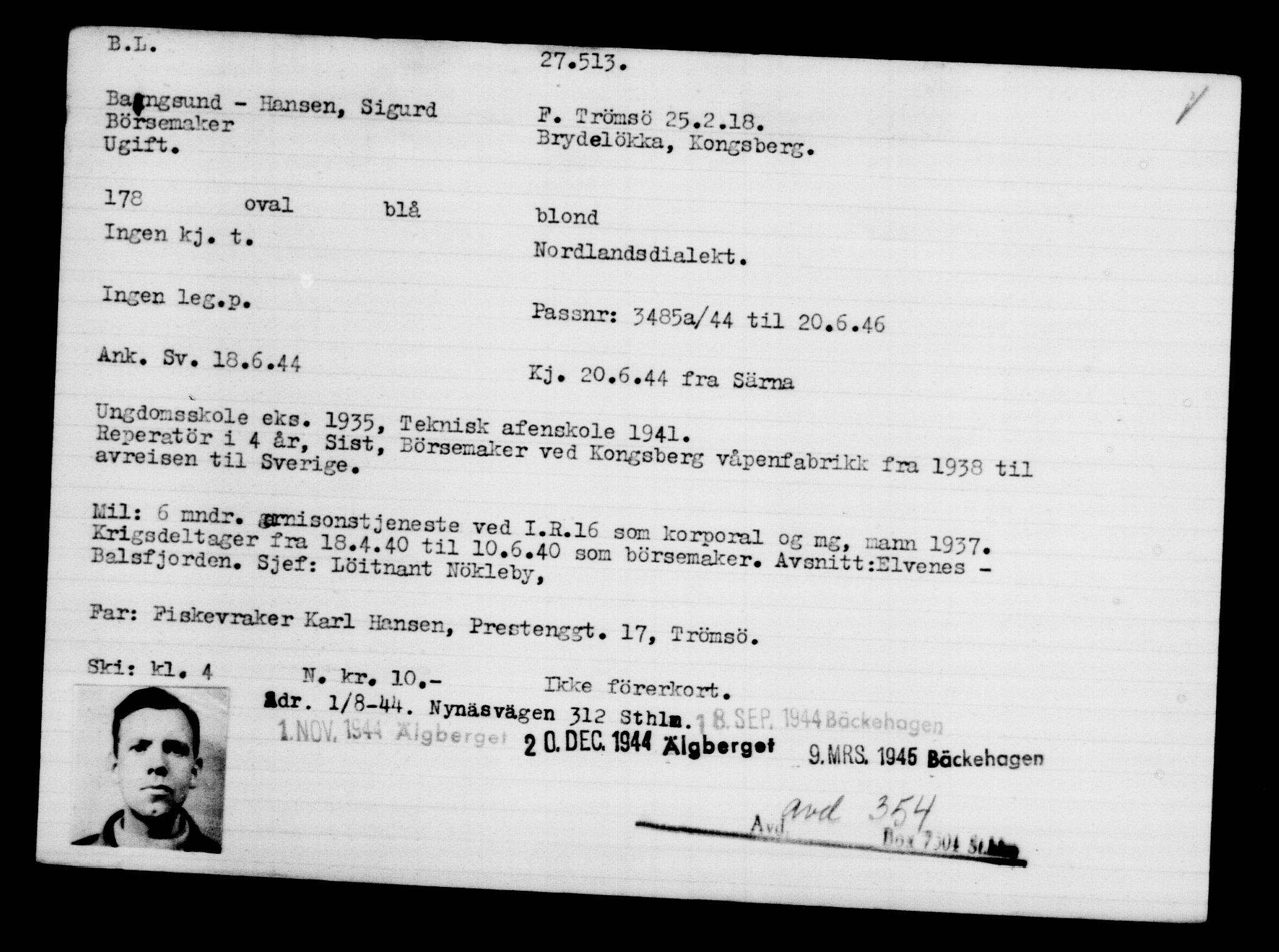 Utenriksstasjonene, Legasjonen i Stockholm, Flyktningkontoret, AV/RA-S-6753/V/Va/L0011: Kjesäterkartoteket, flyktninger med registreringsnr. 25300-28349, 1940-1945, p. 2347