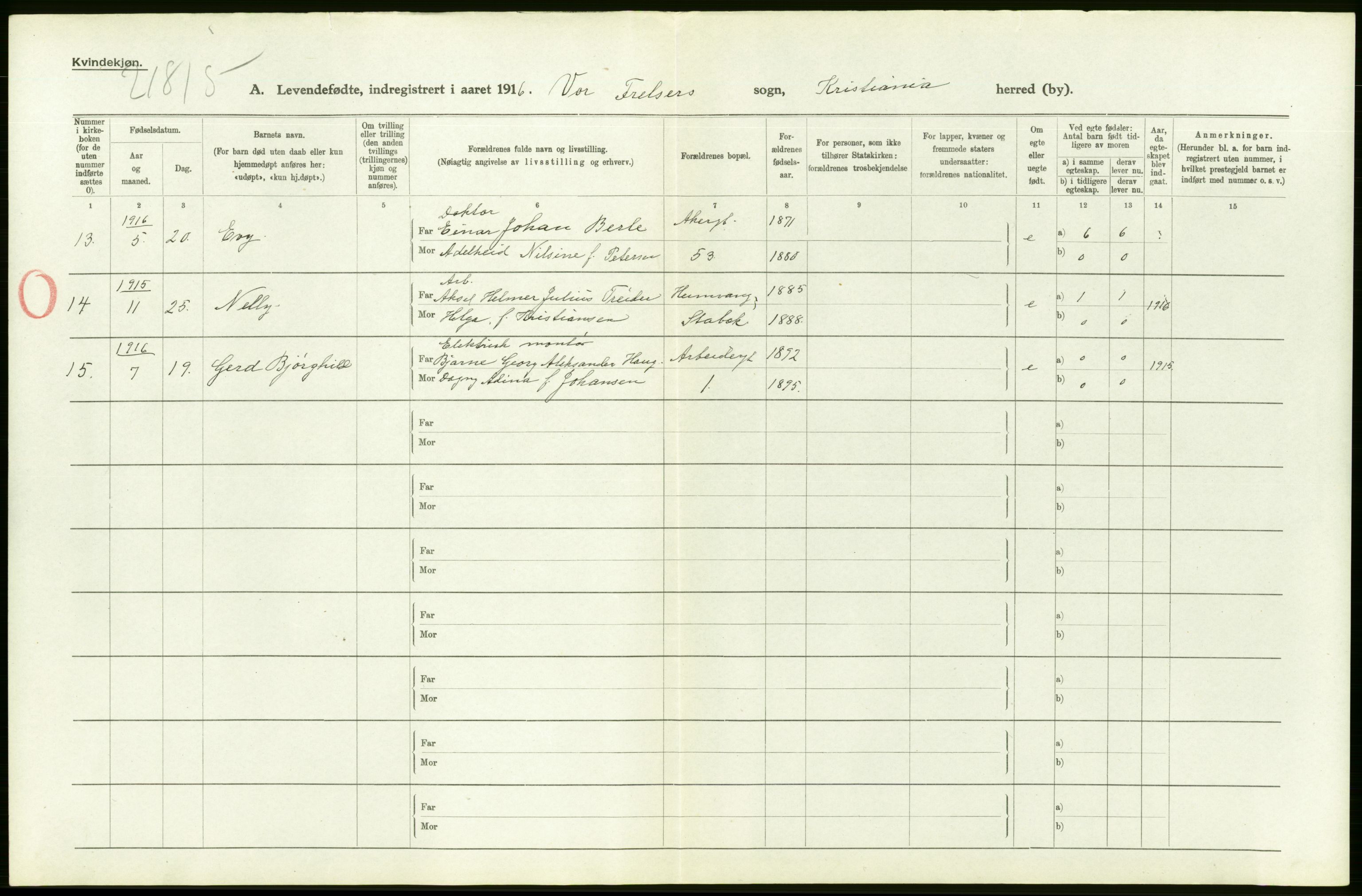 Statistisk sentralbyrå, Sosiodemografiske emner, Befolkning, AV/RA-S-2228/D/Df/Dfb/Dfbf/L0006: Kristiania: Levendefødte menn og kvinner., 1916, p. 30