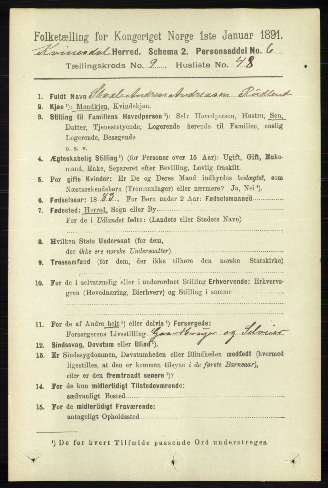 RA, 1891 census for 1037 Kvinesdal, 1891, p. 3548
