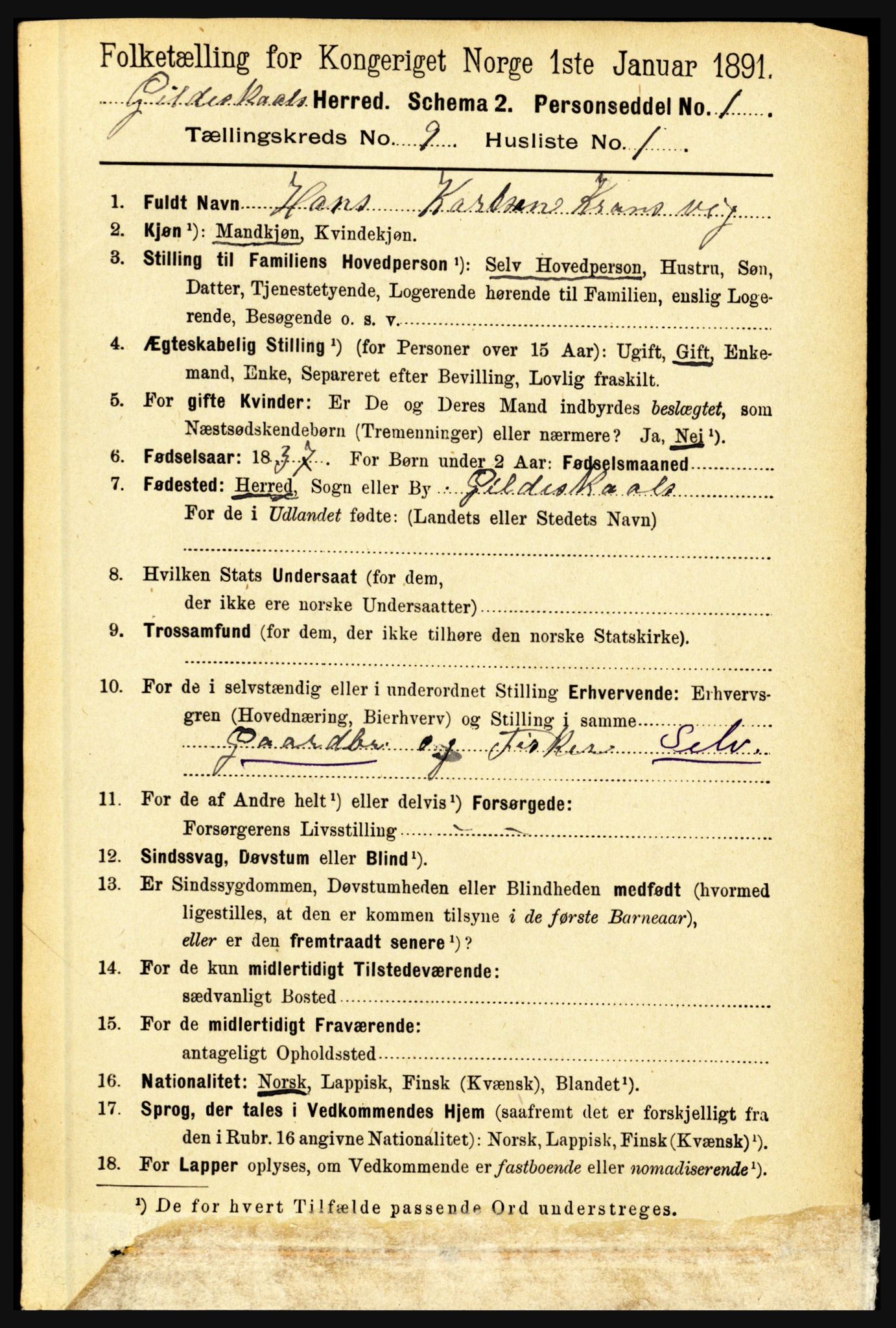 RA, 1891 census for 1838 Gildeskål, 1891, p. 2749