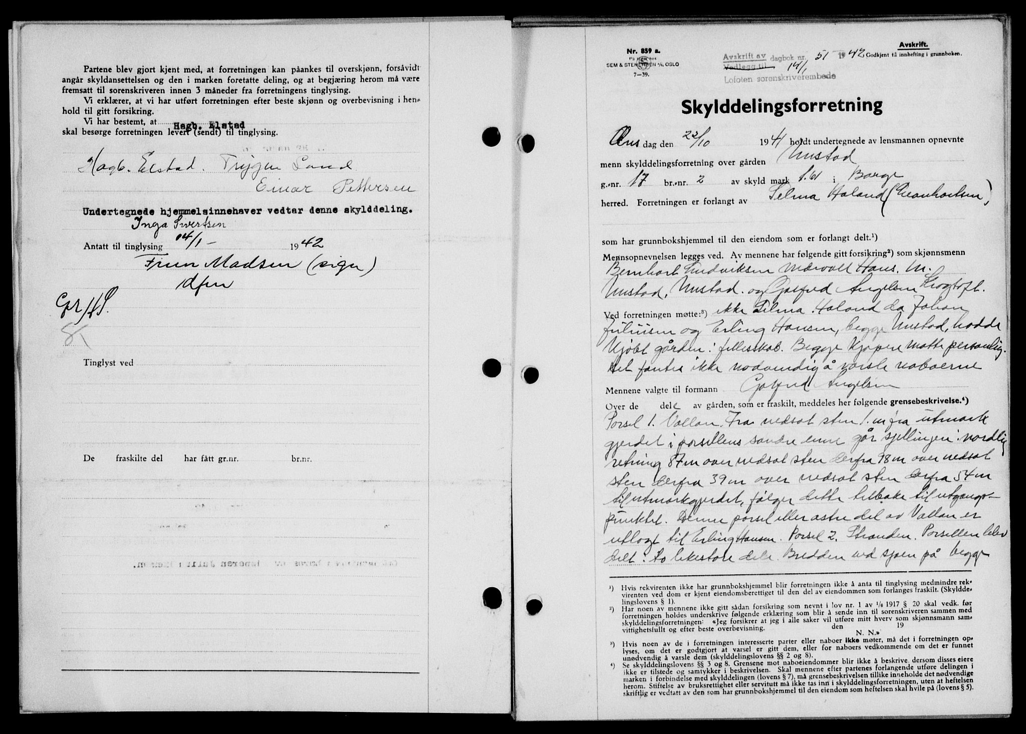 Lofoten sorenskriveri, SAT/A-0017/1/2/2C/L0009a: Mortgage book no. 9a, 1941-1942, Diary no: : 51/1942