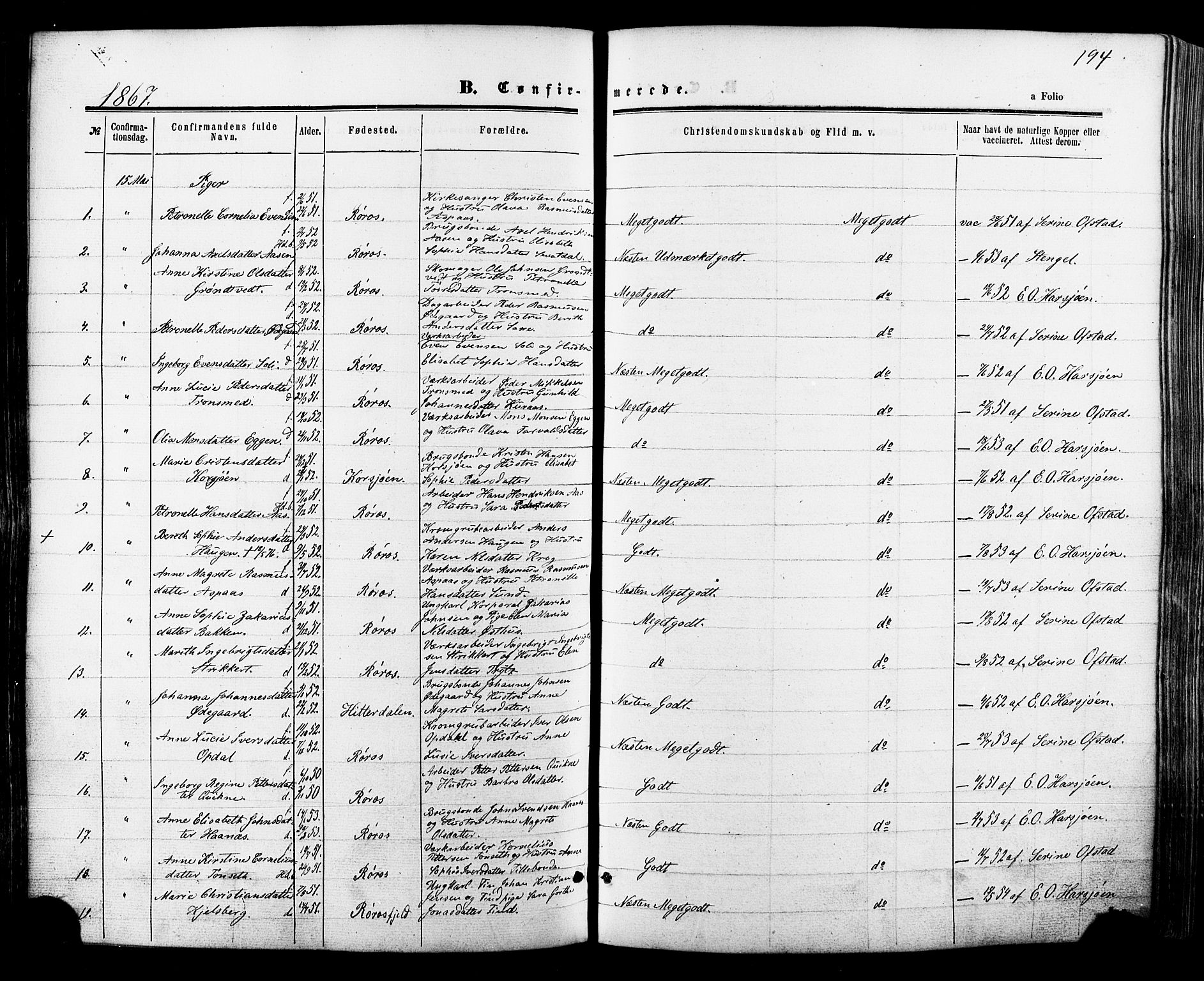 Ministerialprotokoller, klokkerbøker og fødselsregistre - Sør-Trøndelag, AV/SAT-A-1456/681/L0932: Parish register (official) no. 681A10, 1860-1878, p. 194