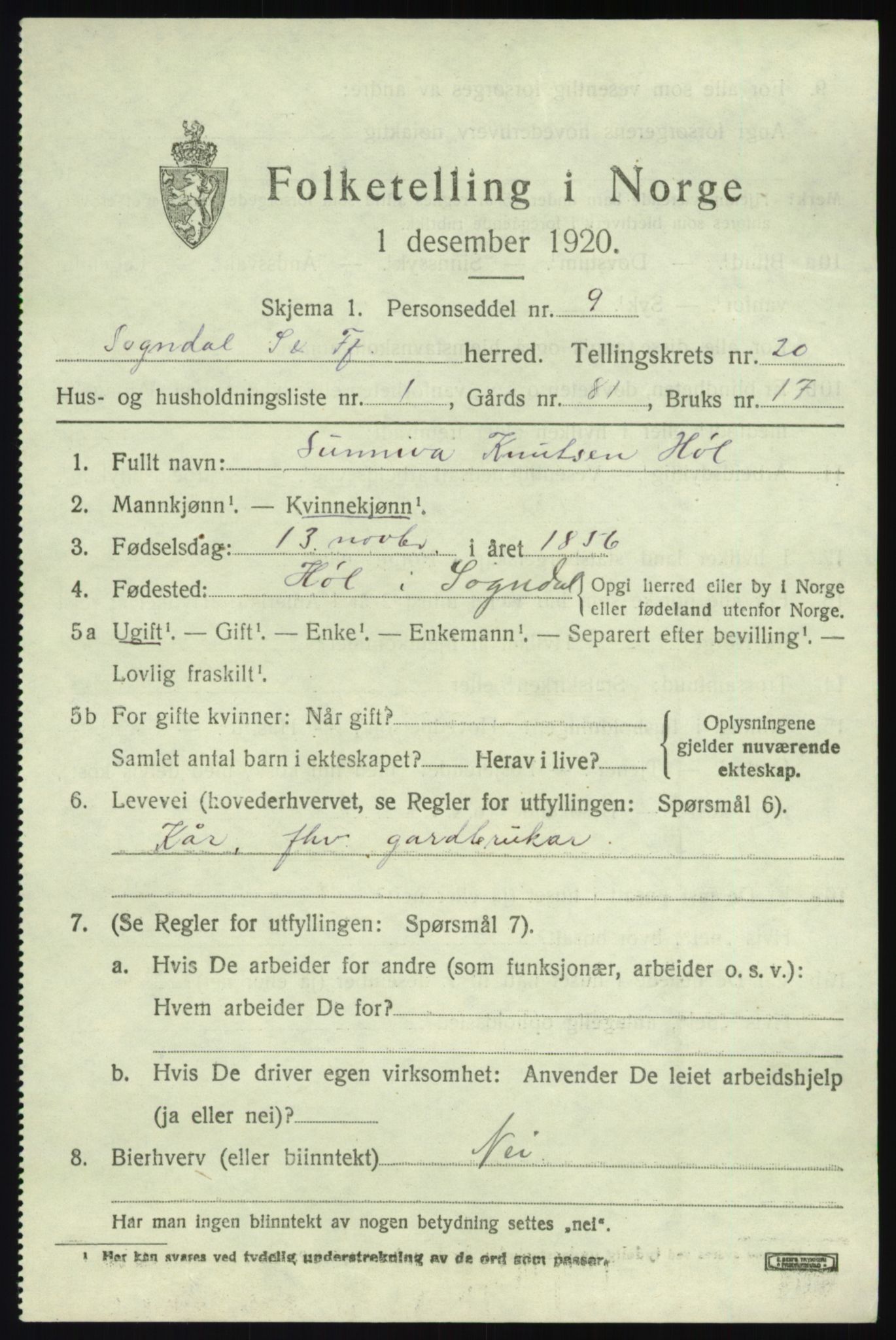 SAB, 1920 census for Sogndal, 1920, p. 7521