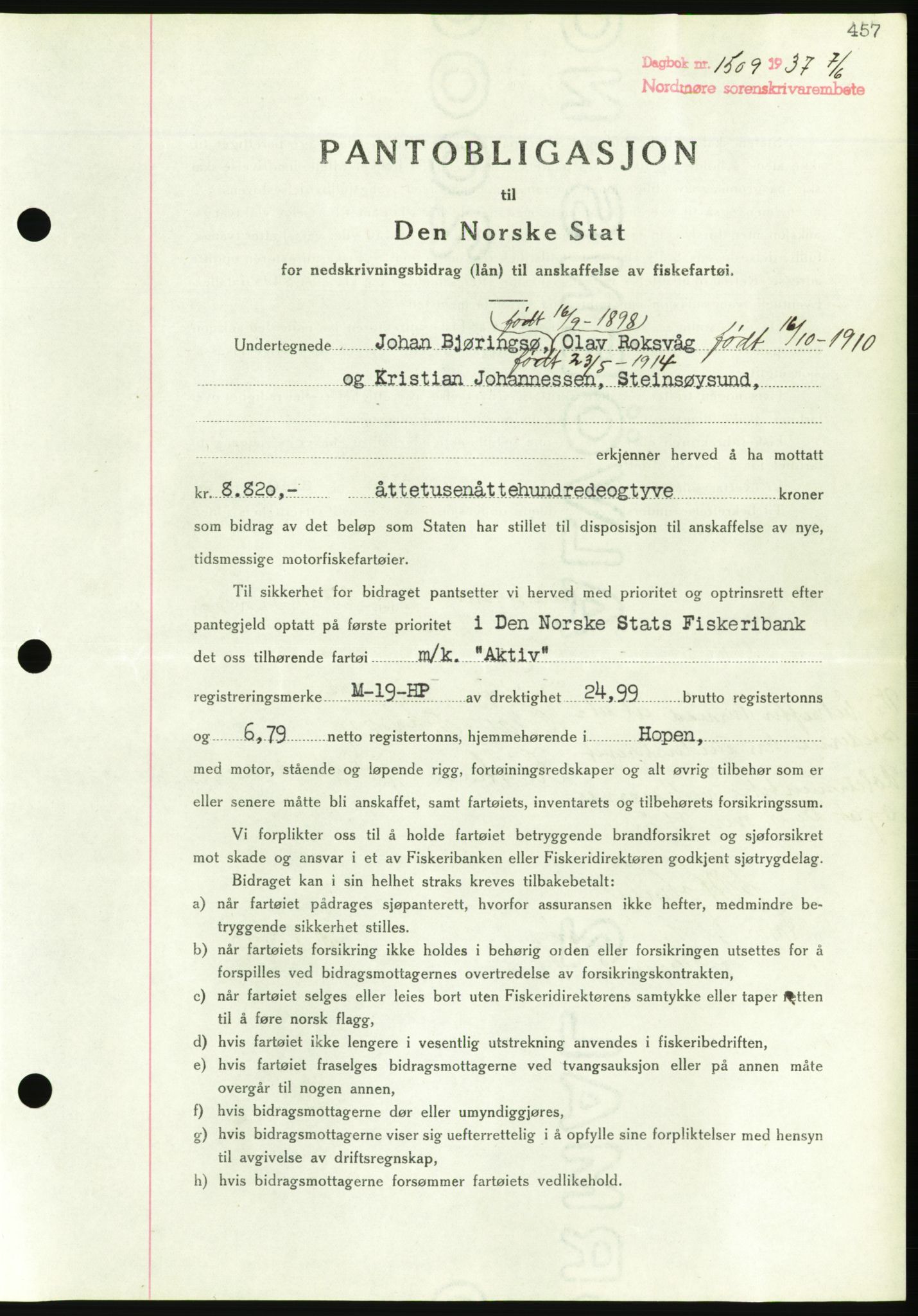 Nordmøre sorenskriveri, AV/SAT-A-4132/1/2/2Ca/L0091: Mortgage book no. B81, 1937-1937, Diary no: : 1509/1937