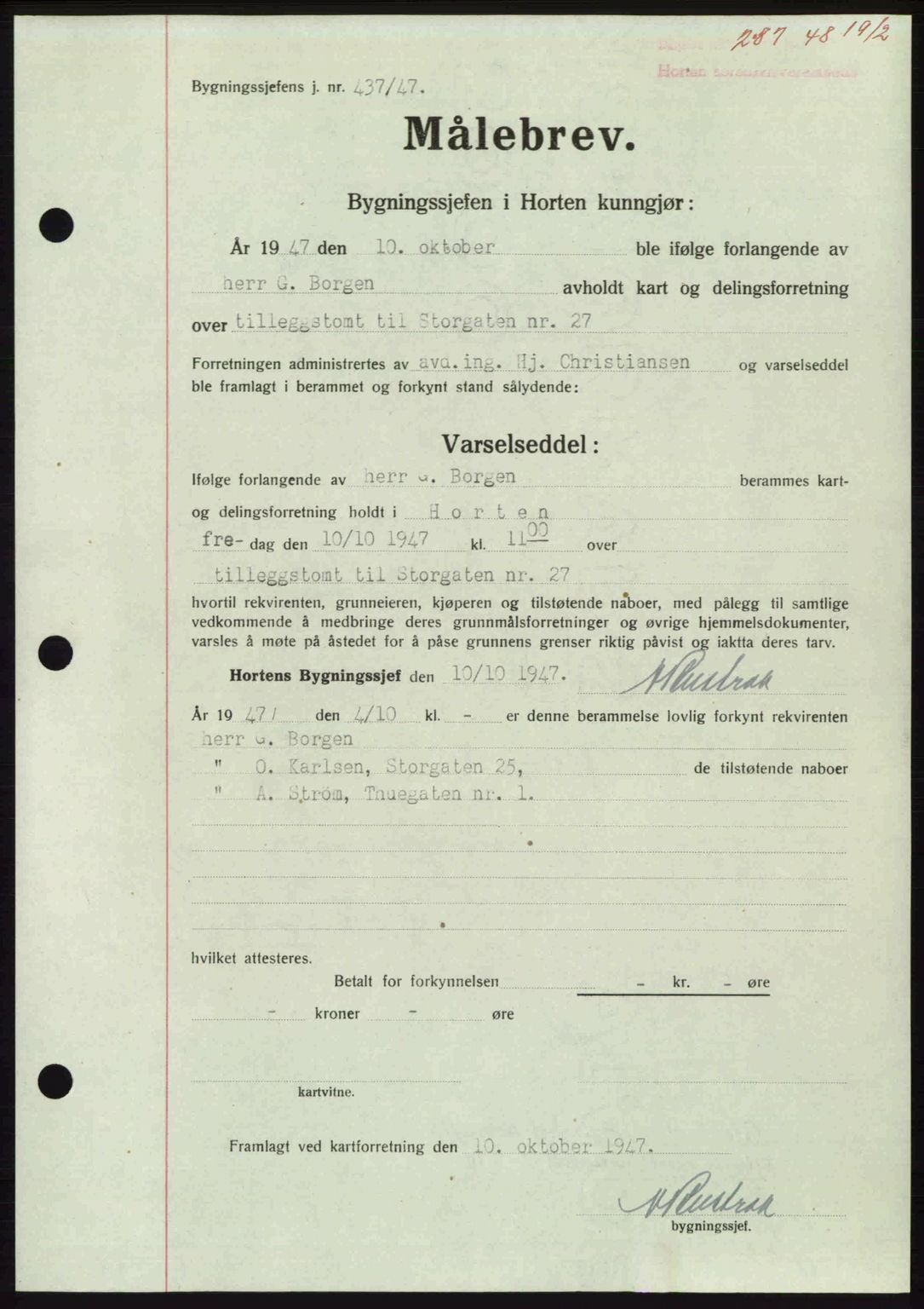 Horten sorenskriveri, AV/SAKO-A-133/G/Ga/Gaa/L0010: Mortgage book no. A-10, 1947-1948, Diary no: : 287/1948