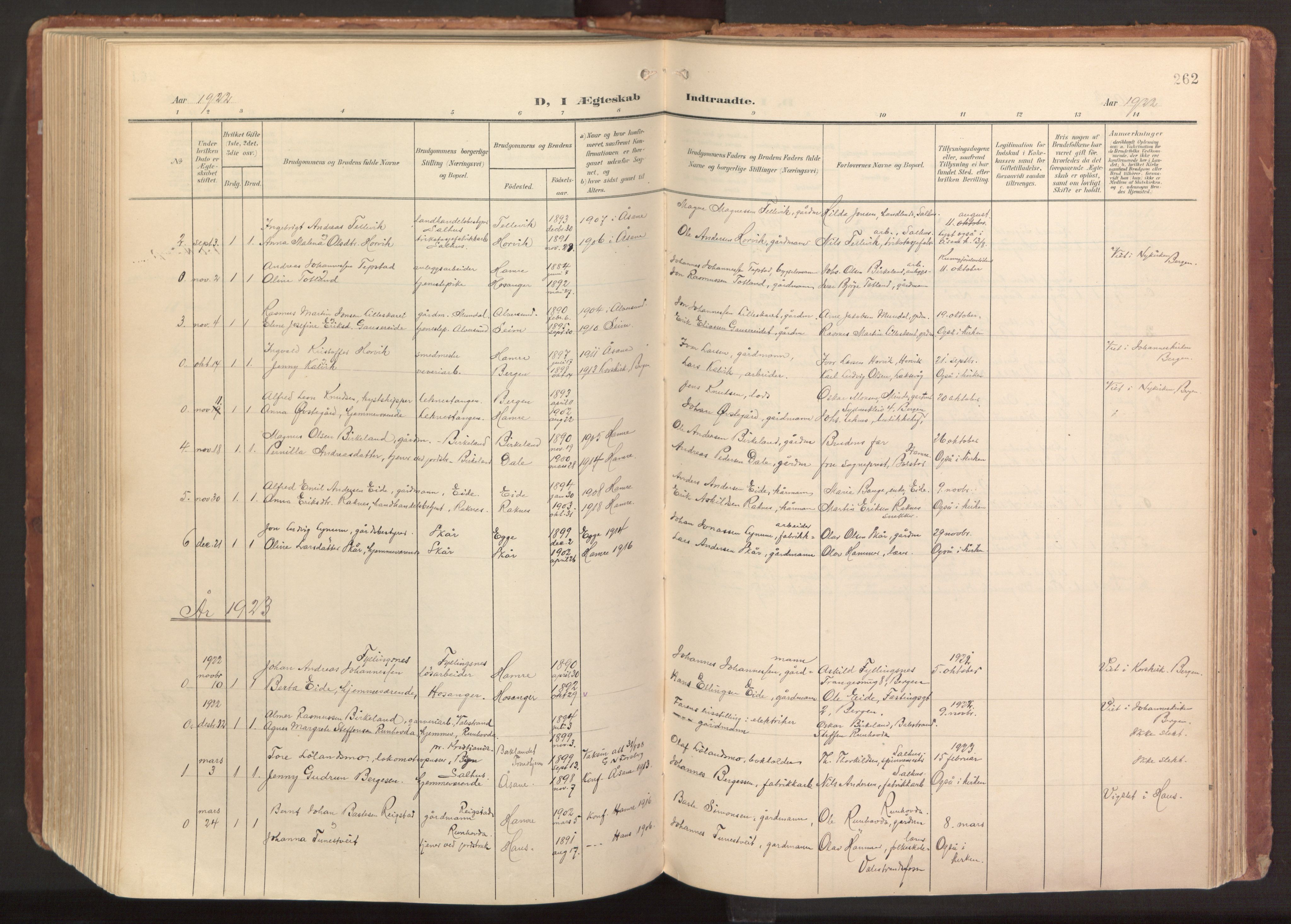 Hamre sokneprestembete, AV/SAB-A-75501/H/Ha/Haa/Haab/L0002: Parish register (official) no. B 2, 1905-1924, p. 262