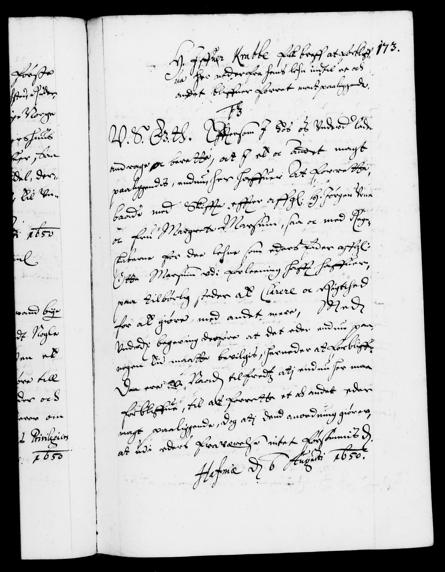 Danske Kanselli 1572-1799, AV/RA-EA-3023/F/Fc/Fca/Fcab/L0008: Norske tegnelser (mikrofilm), 1648-1652, p. 173a