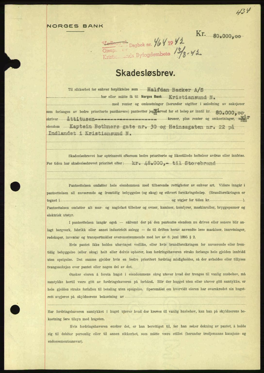 Kristiansund byfogd, AV/SAT-A-4587/A/27: Mortgage book no. 35, 1941-1942, Diary no: : 464/1942