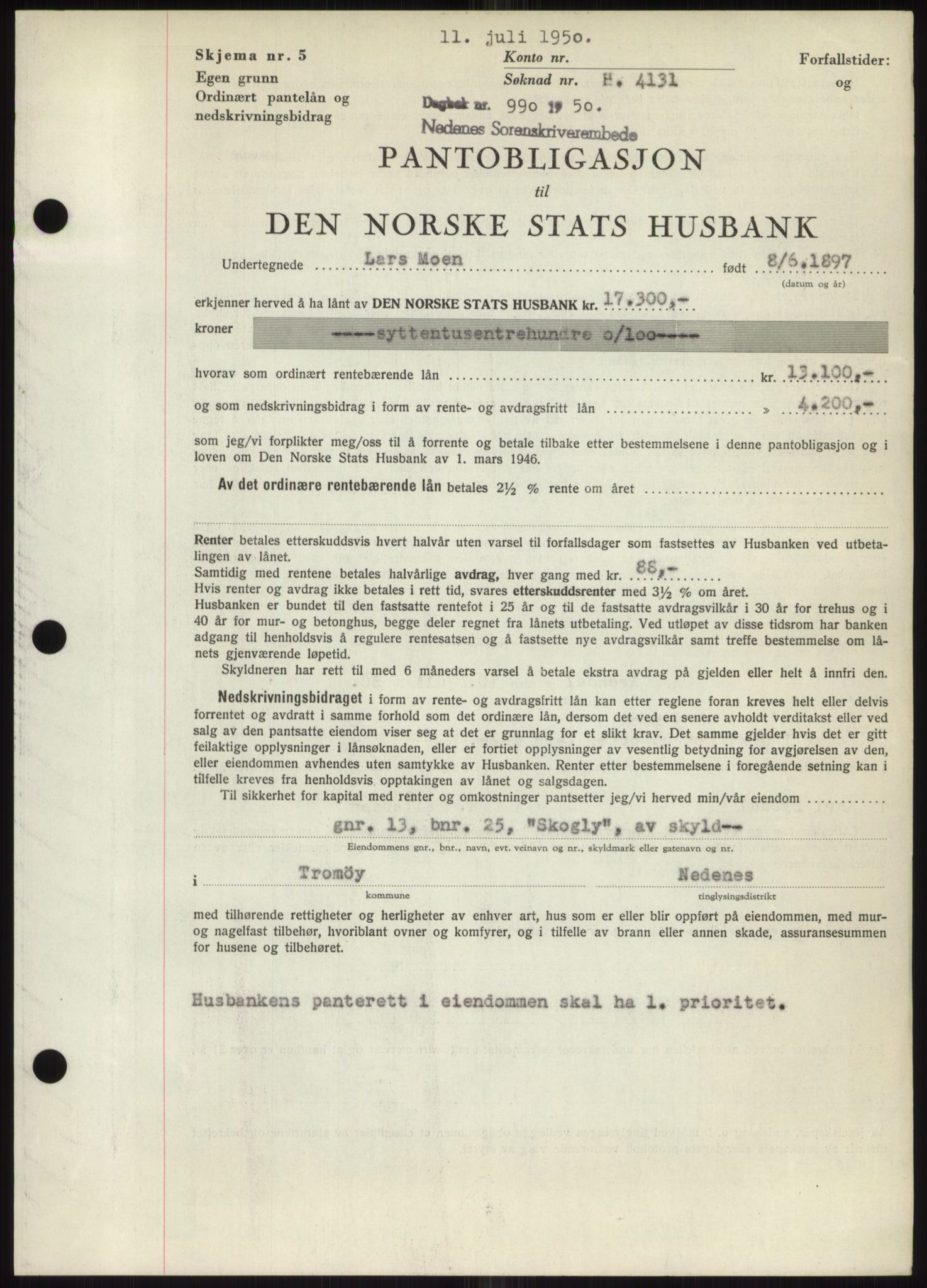 Nedenes sorenskriveri, AV/SAK-1221-0006/G/Gb/Gbb/L0007: Mortgage book no. B7, 1949-1950, Diary no: : 990/1950