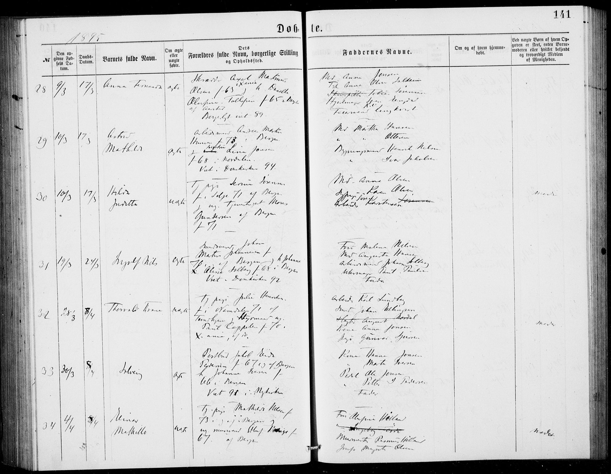 Fødselsstiftelsens sokneprestembete, ført av overlegen*, SAB/-: Parish register (official) no. A 2, 1884-1900, p. 141