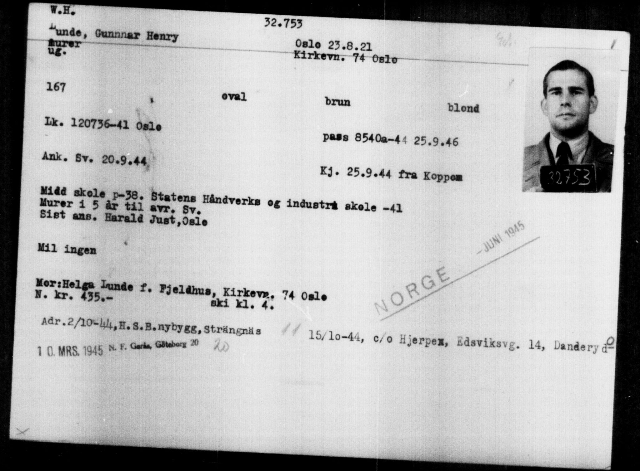 Utenriksstasjonene, Legasjonen i Stockholm, Flyktningkontoret, AV/RA-S-6753/V/Va/L0013: Kjesäterkartoteket, flyktninger med registreringsnr. 31500-34731, 1940-1945, p. 1316