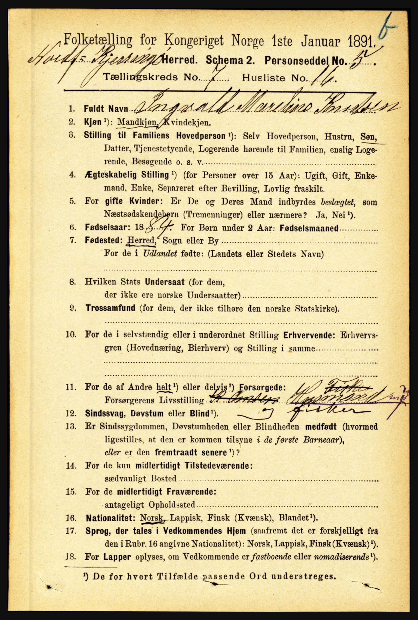 RA, 1891 census for 1846 Nordfold-Kjerringøy, 1891, p. 1884