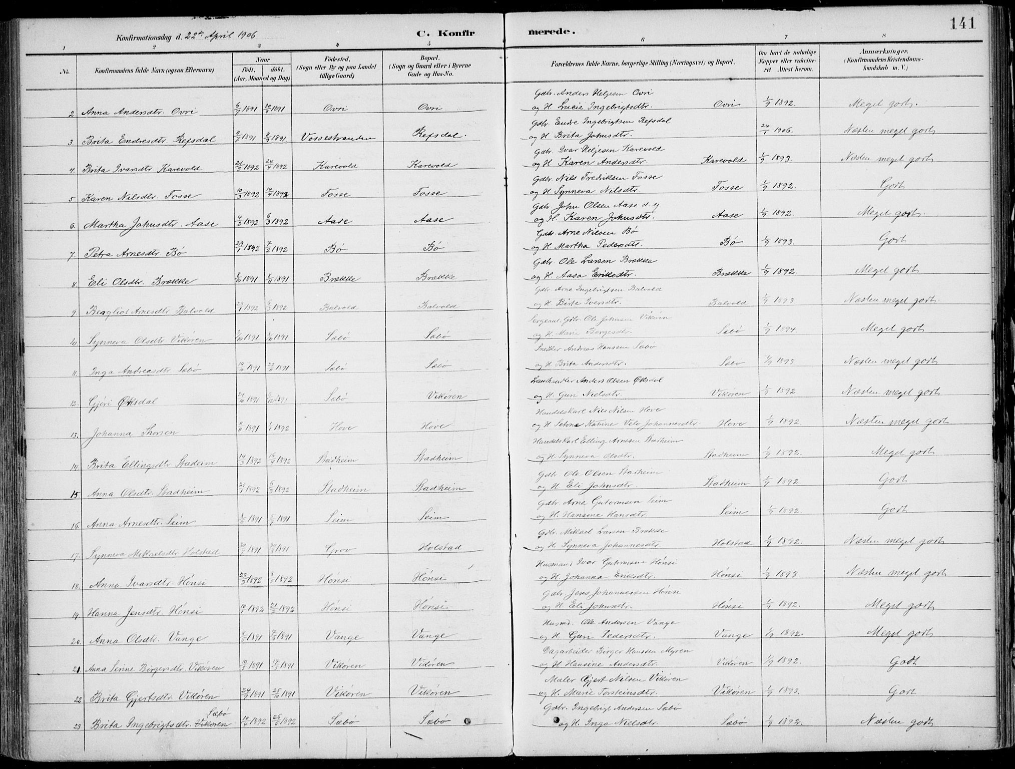 Vik sokneprestembete, AV/SAB-A-81501/H/Haa/Haab/L0002: Parish register (official) no. B  2, 1891-1907, p. 141