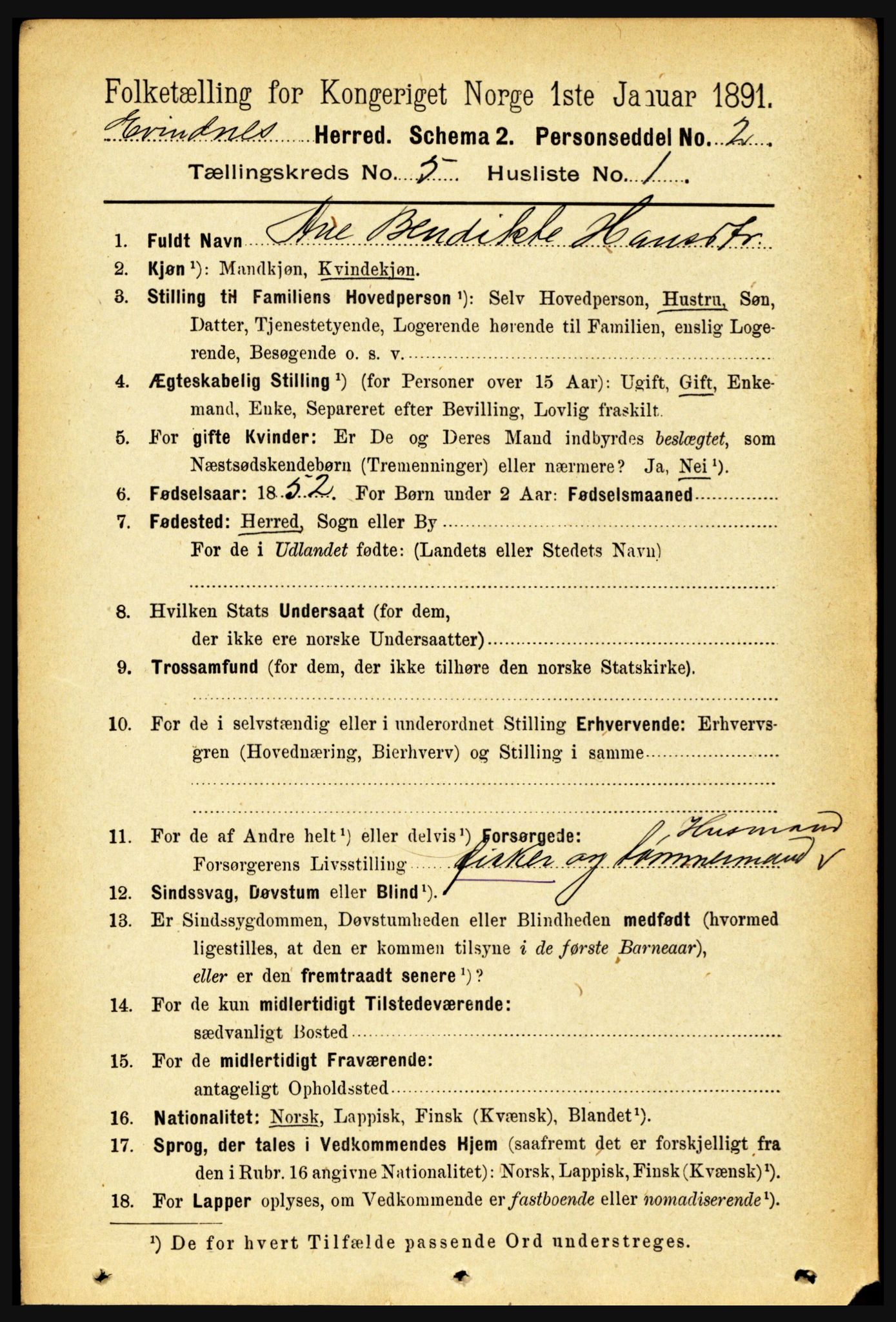 RA, 1891 census for 1853 Evenes, 1891, p. 1623