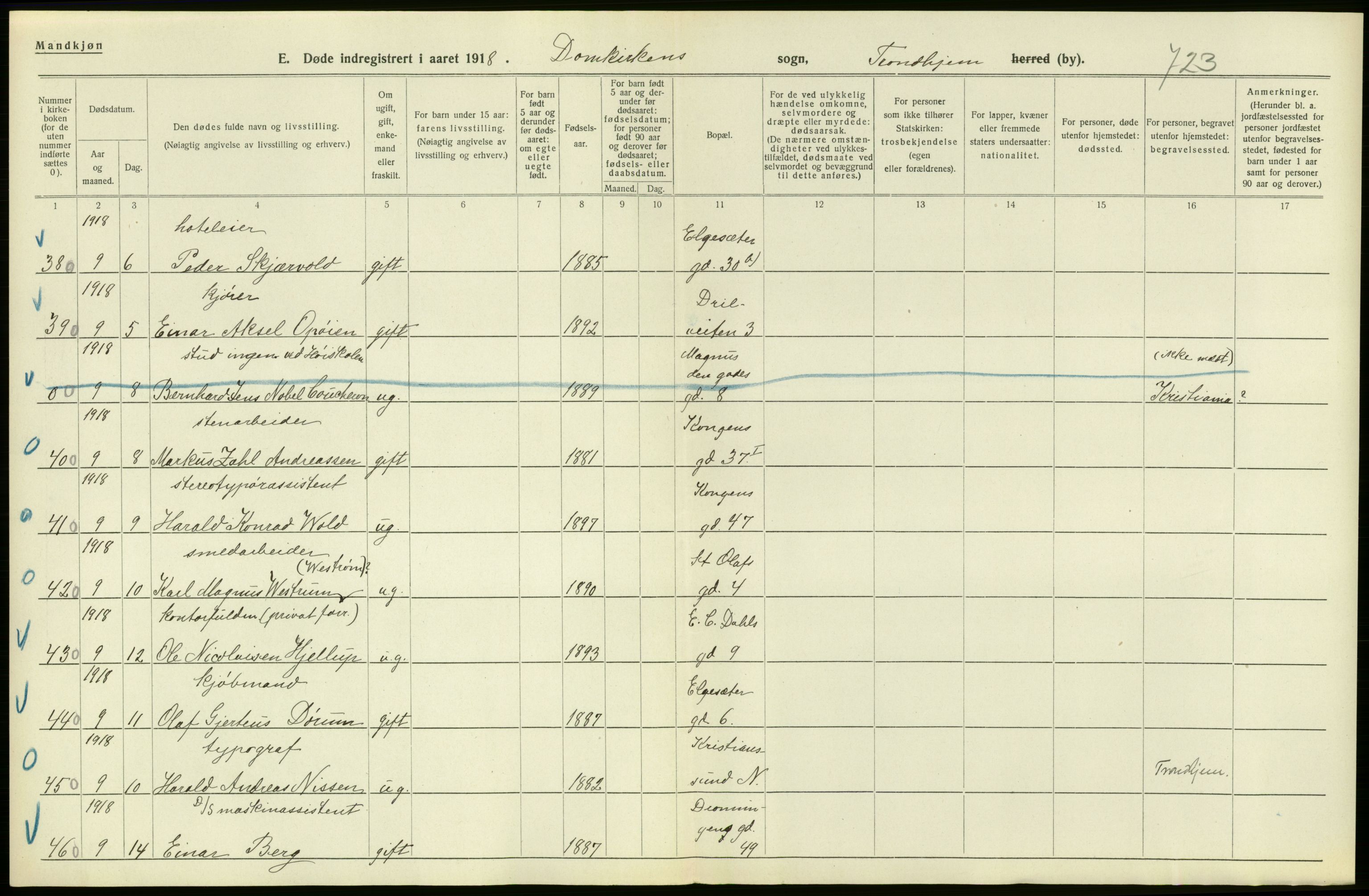 Statistisk sentralbyrå, Sosiodemografiske emner, Befolkning, AV/RA-S-2228/D/Df/Dfb/Dfbh/L0049: Trondheim: Døde, dødfødte., 1918, p. 22