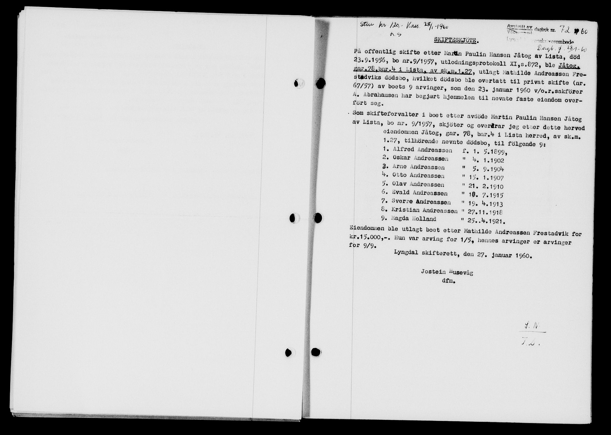 Lyngdal sorenskriveri, AV/SAK-1221-0004/G/Gb/L0679: Mortgage book no. A XXV, 1959-1960, Diary no: : 72/1960